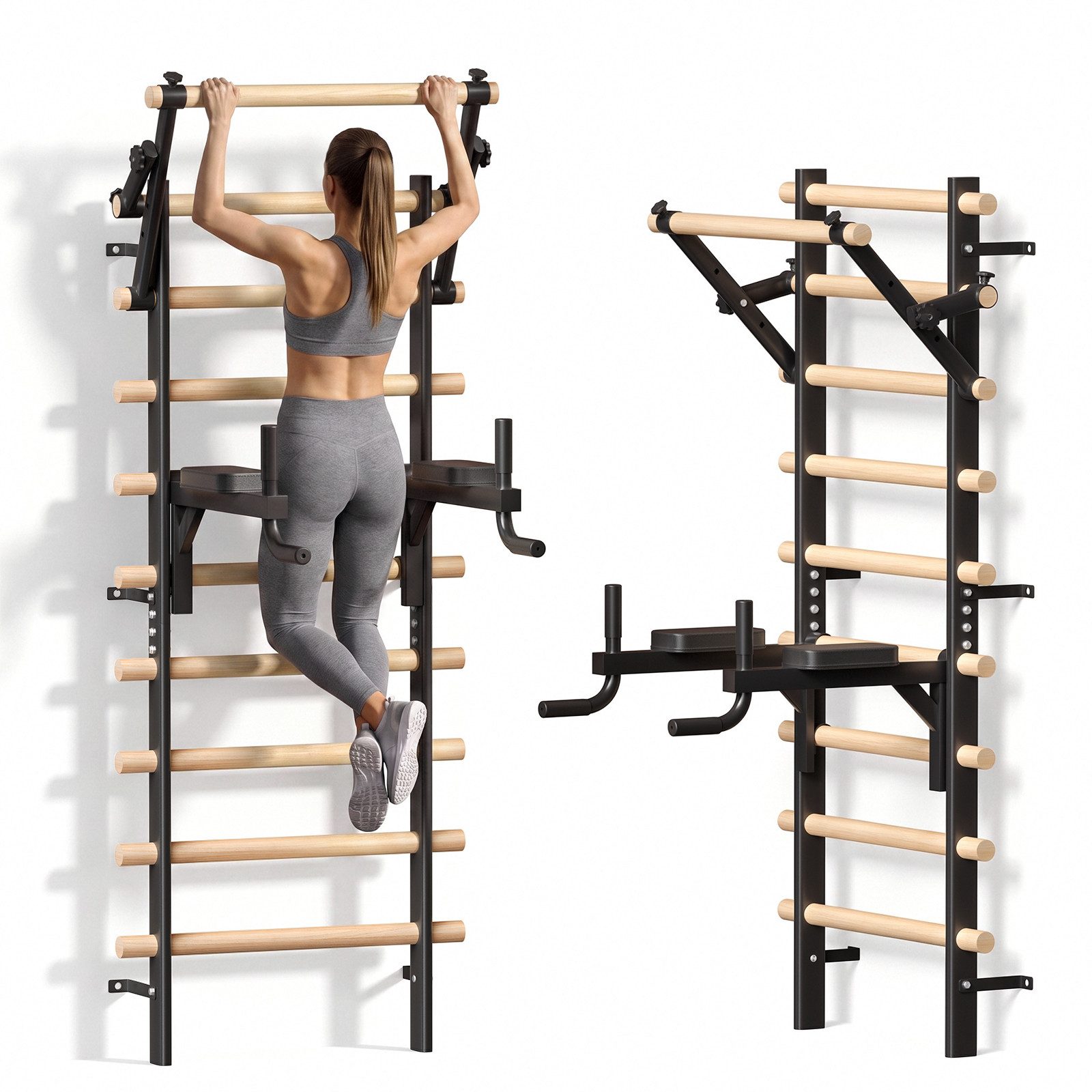 TLGREEN Sprossenwand aus Buchenholz,mit 9 Sprossen, Klimmzug- und Dipstange, (Wand-Turnwand für Gymnastik, Stretching und Krafttraining), Trainingsgerät für Home-Gym