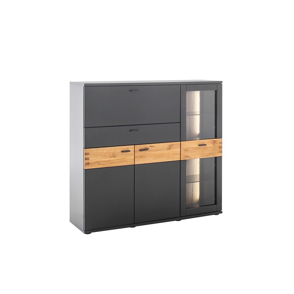 Lomadox Highboard CHAPLEAU-05, LED Beleuchtung, Wildeiche massiv, schwarzgrau, B/H/T 135/124/37 cm