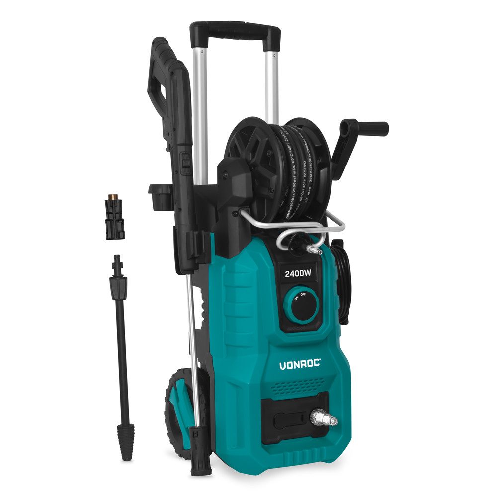 VONROC Hochdruckreiniger 2400W, Druck max: 180 bar, Fördermenge max: 420 l/h, (Set, 8 tlg., PW512AC), Schlauchtrommel - Aluminium Pumpe - V24 Serie