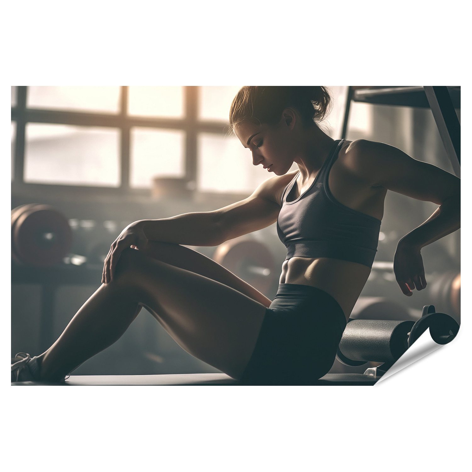 islandburner Poster, Frau sitzt nach dem Training im Fitnessstudio