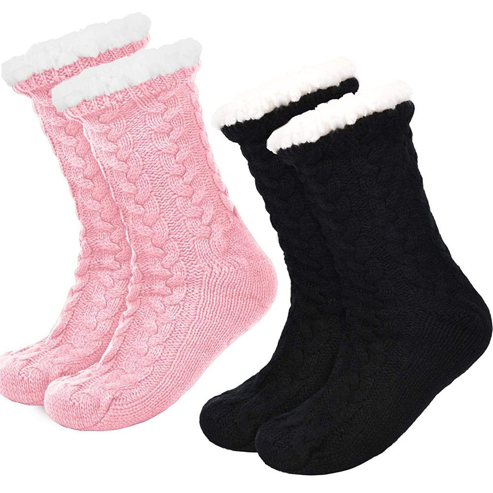 GelldG Thermosocken 2 Paar Damen Warme Pantoffel Socken Weihnachten Fuzzy Socken schwarz + rosa