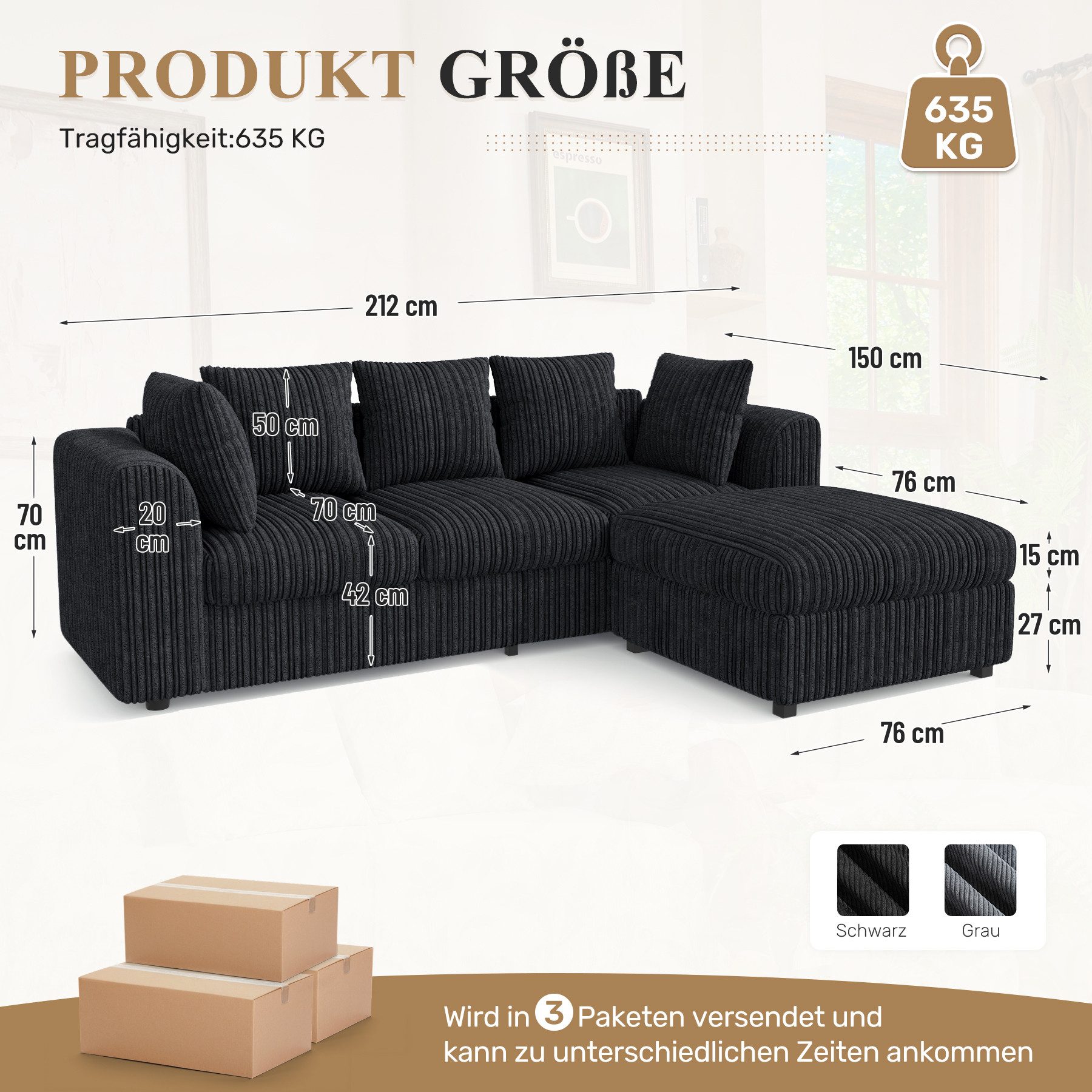 HawthyHome Ecksofa mit Hocker & 5 Zierkissen Federkern, Moderne L-Form Sofa günstig online kaufen