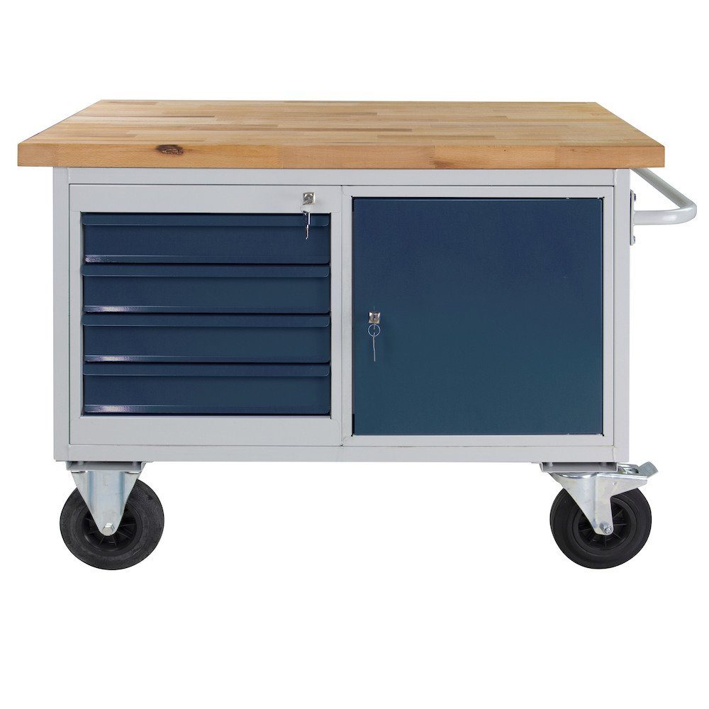 PROREGAL® Werkbank Mobile mit 83x130x60cm, Werkbank + Grau/Blau Tür, 4 Schub Rhino Anthrazitgrau HxBxT