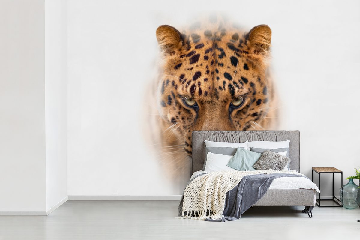 MuchoWow Fototapete Leopard - Weiß bedruckt, Kinderzimmer, Tapete (6 Vinyl Gesicht, Wallpaper Matt, für - Schlafzimmer, St), Wohnzimmer