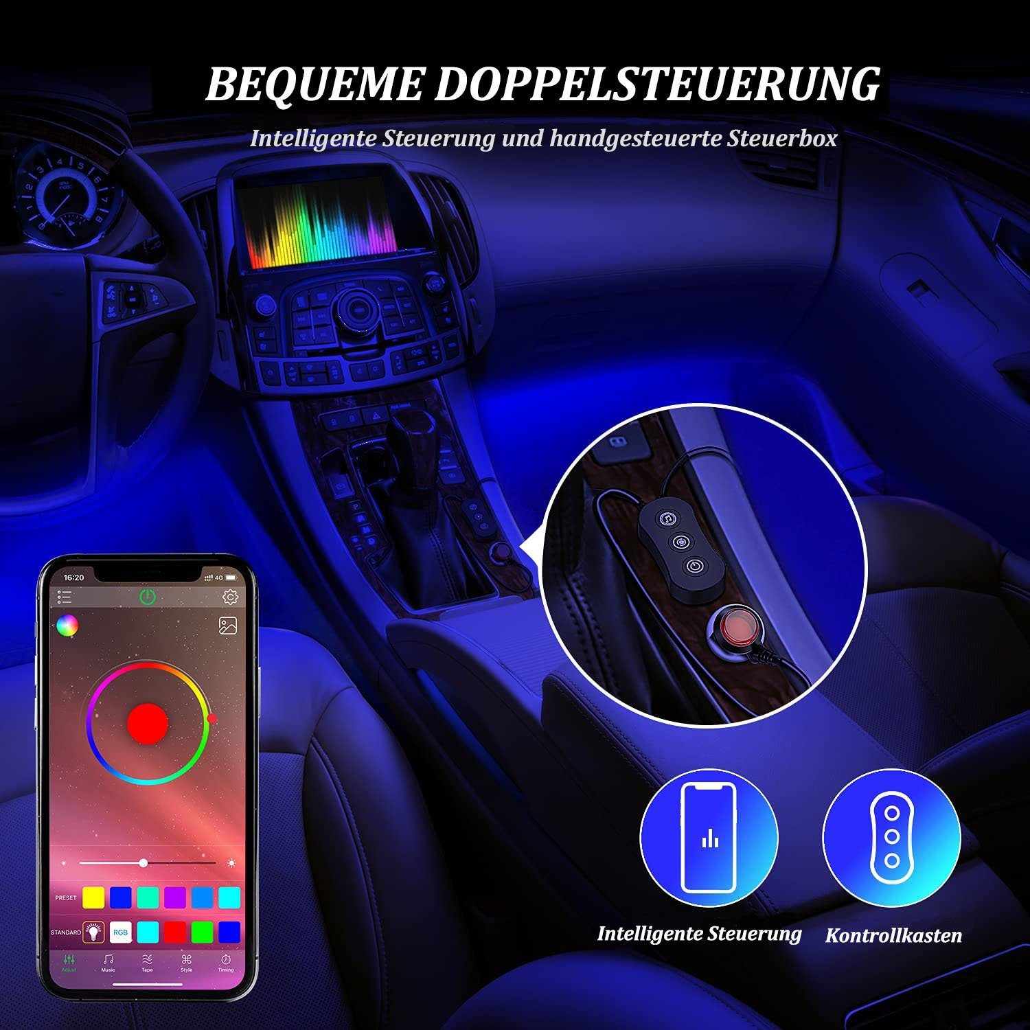 mit RGB-Farben, APP-Streifenlichter 16 zggzerg LED APP-Steuerung Millionen Auto-Innenbeleuchtung Lichtleiste