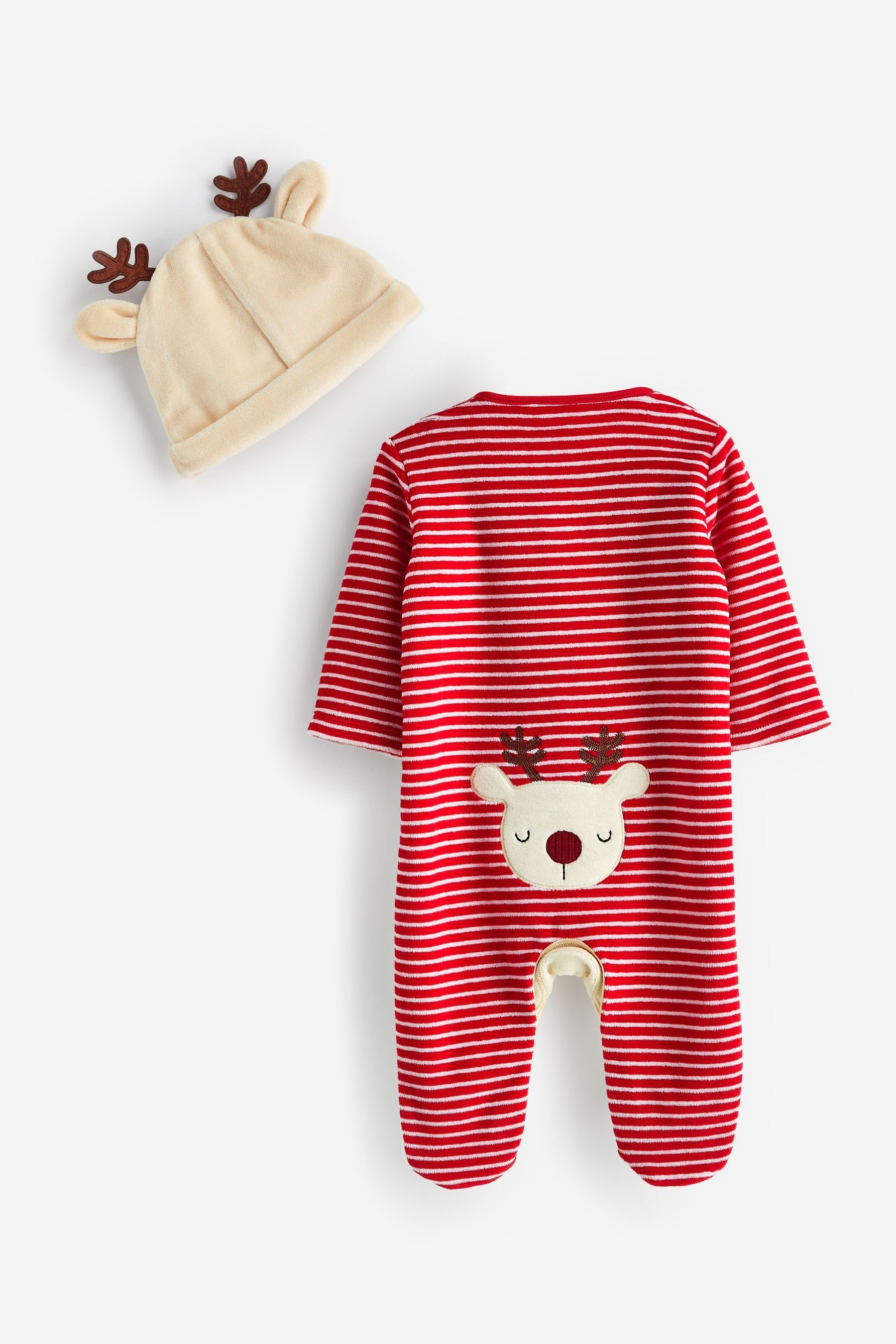 (2-tlg) Schlafanzug Cream/Red aus Next Velours Schlafoverall Baby Weichnachten