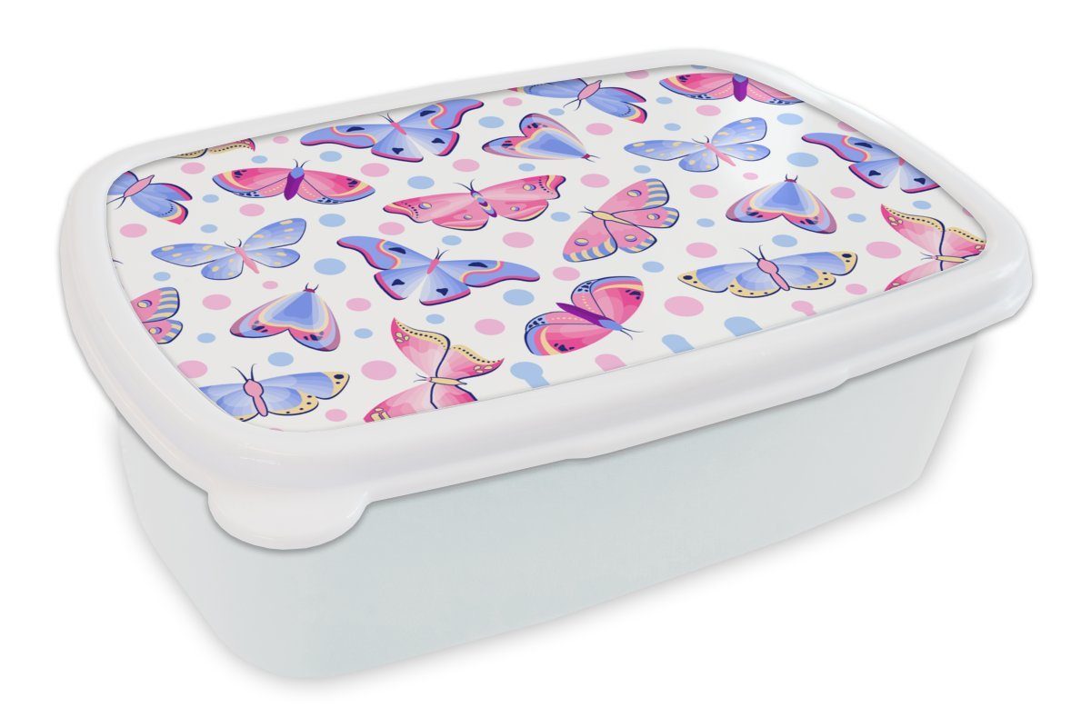 - für Lunchbox Punkte Schmetterlinge und weiß Kunststoff, Brotdose, - Muster, und für Erwachsene, Kinder Brotbox Mädchen Jungs (2-tlg), MuchoWow