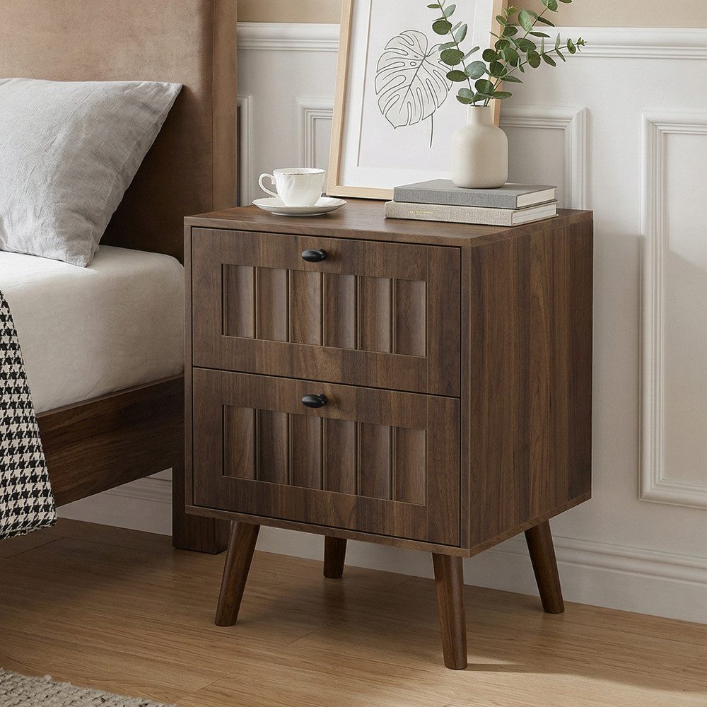BBWL Nachttisch 2 Schubladen Holz Mid Century Beistelltisch mit Massivholzbeinen, Walnuss moderner Schlafzimmer Tisch – Bild 4 von 5