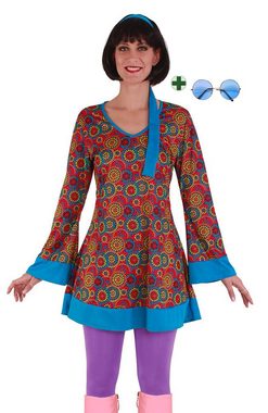 Karneval-Klamotten Hippie-Kostüm Damenkostüm Flower Power mit Hippie Brille groß, Kleid türkis-bunt, V-Ausschnitt, mit Haarband und blauer Brille