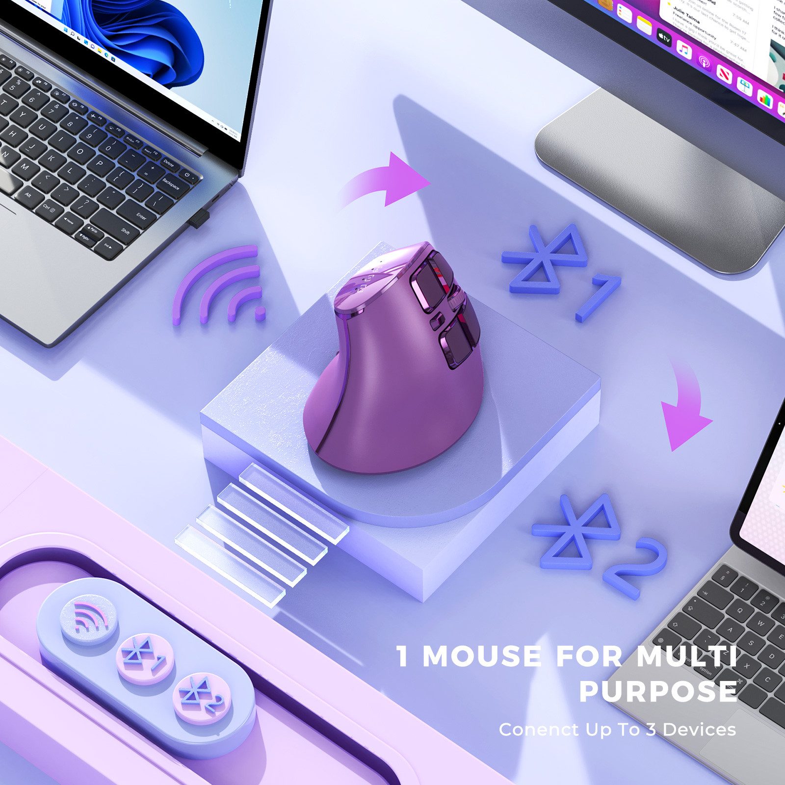 Seenda Vertikale Ergonomische Kabellose Maus, Wiederaufladbar Maus (2.4 GHz Wireless, Bluetooth 5.0, Dual Bluetooth + 2.4G, Multi-Device für Laptop/PC/Mac, Schw – Bild 4 von 5