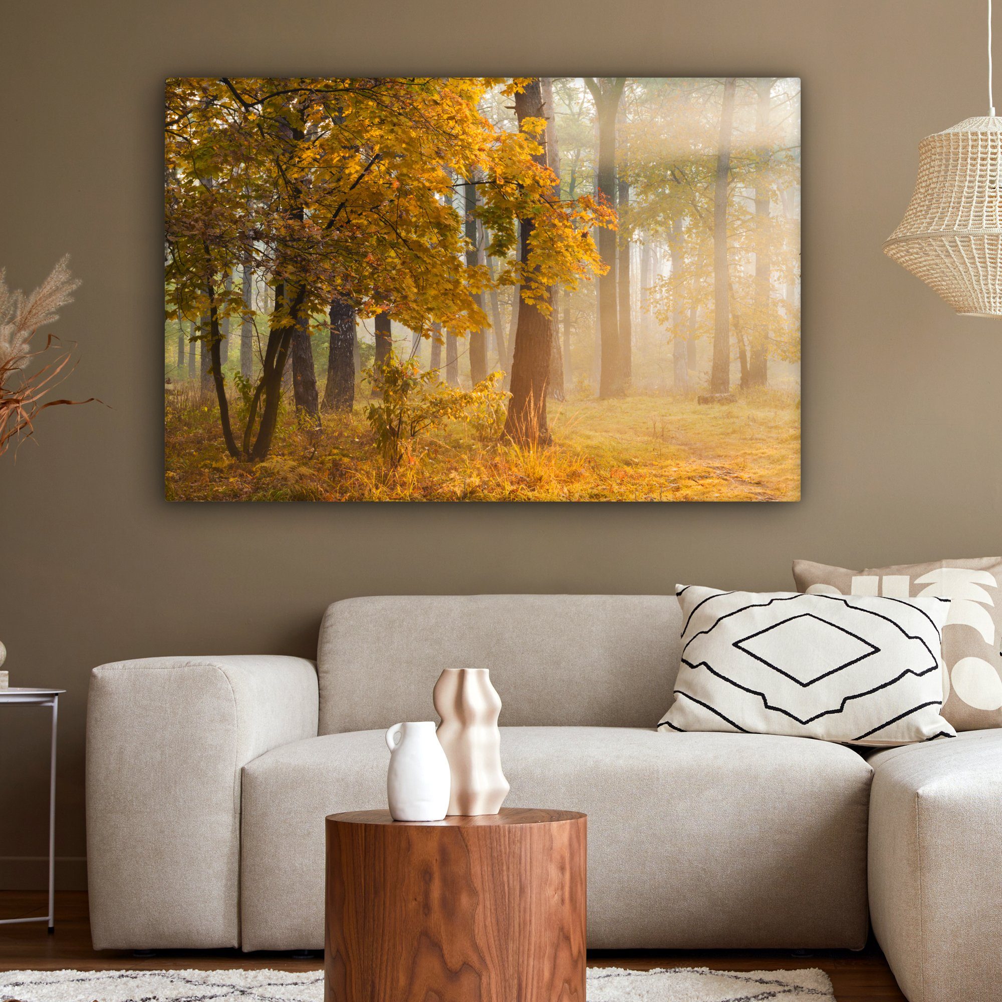 im Leinwandbild cm St), großes, Herbstbäume Wohnbereiche, alle XXL, 120x80 Wald, OneMillionCanvasses® Wandbild (1 Gemälde, für nebligen