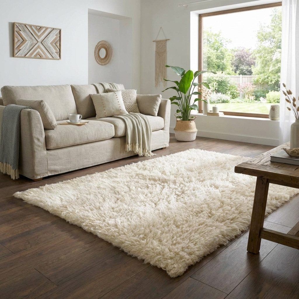 TaCa Home Flokati-Teppich Gewalkter Handweb Woll-Teppich, rechteckig, Höhe: 45 mm, Wohnzimmer Esszimmer Schlafzimmer, creme - 70 x 140 cm