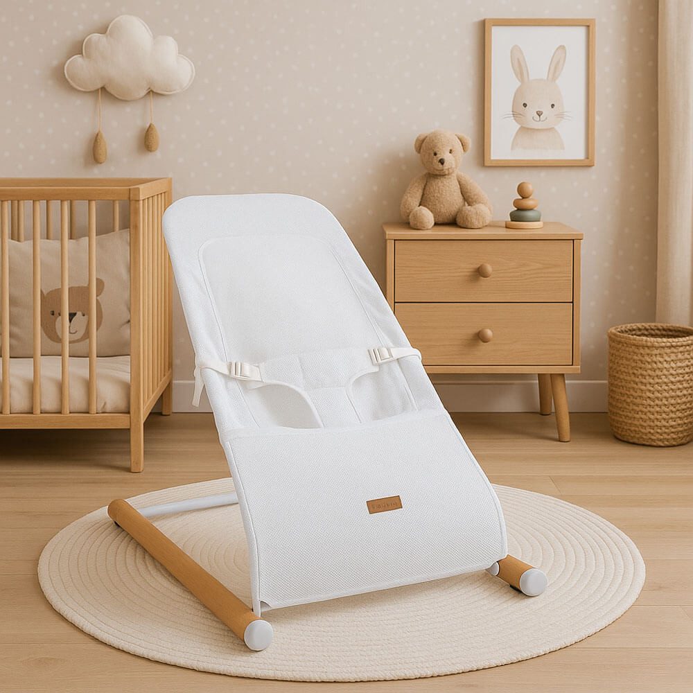 CHILDHOME Baby Bouncer, Baby Bouncer Rocking Chair Infant Baby Swing Wood Steel White