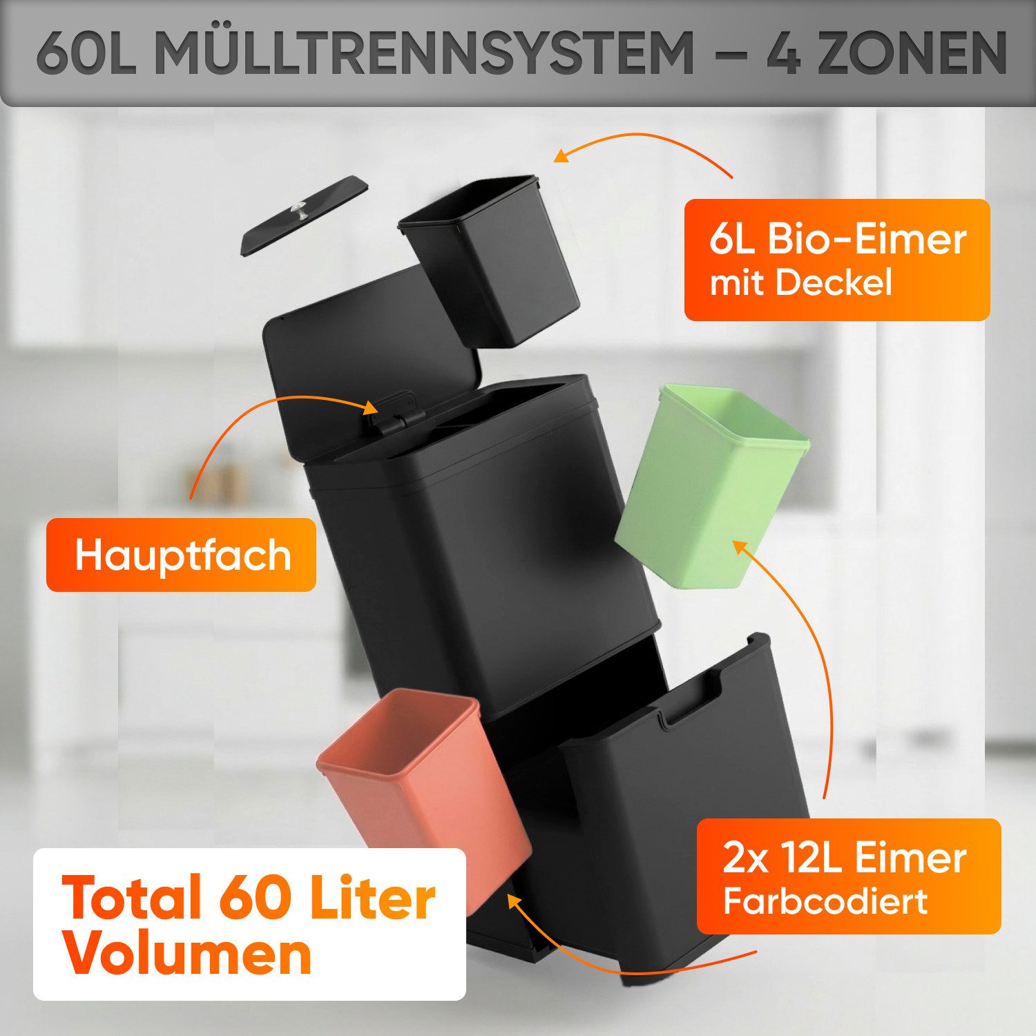 Allyson Mülleimer Edelstahl Mülleimer mit Sensor-Automatik Abfalleimer Trennsystem, 4-Zonen-Trennung, Infrarot-Sensor, Soft-Close, rollbare Schublade.