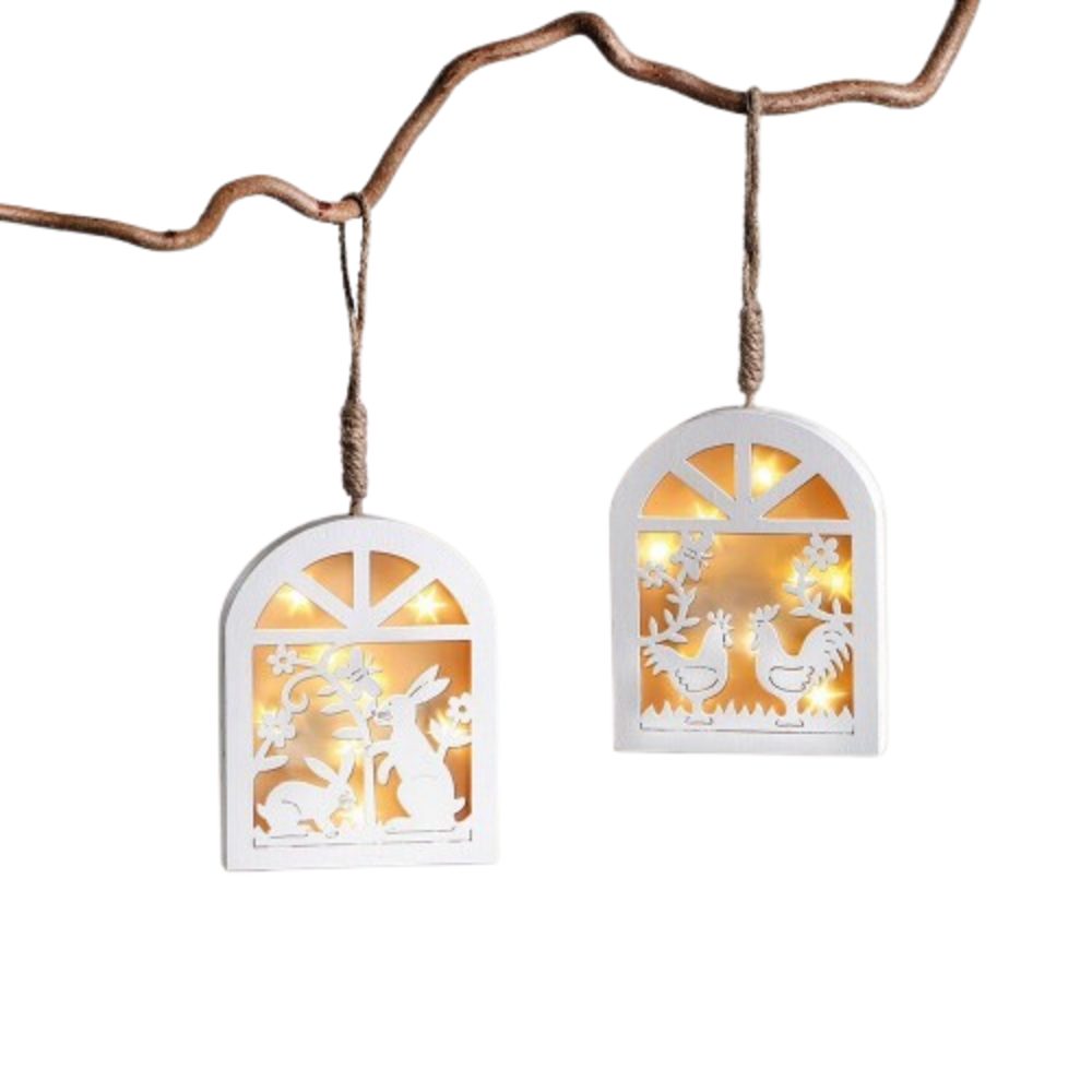 Home-trends24.de Dekohänger Hase Hahn LED Hänger Frühling Osterdeko Ostern Fenster Weiß Holz (2 St)