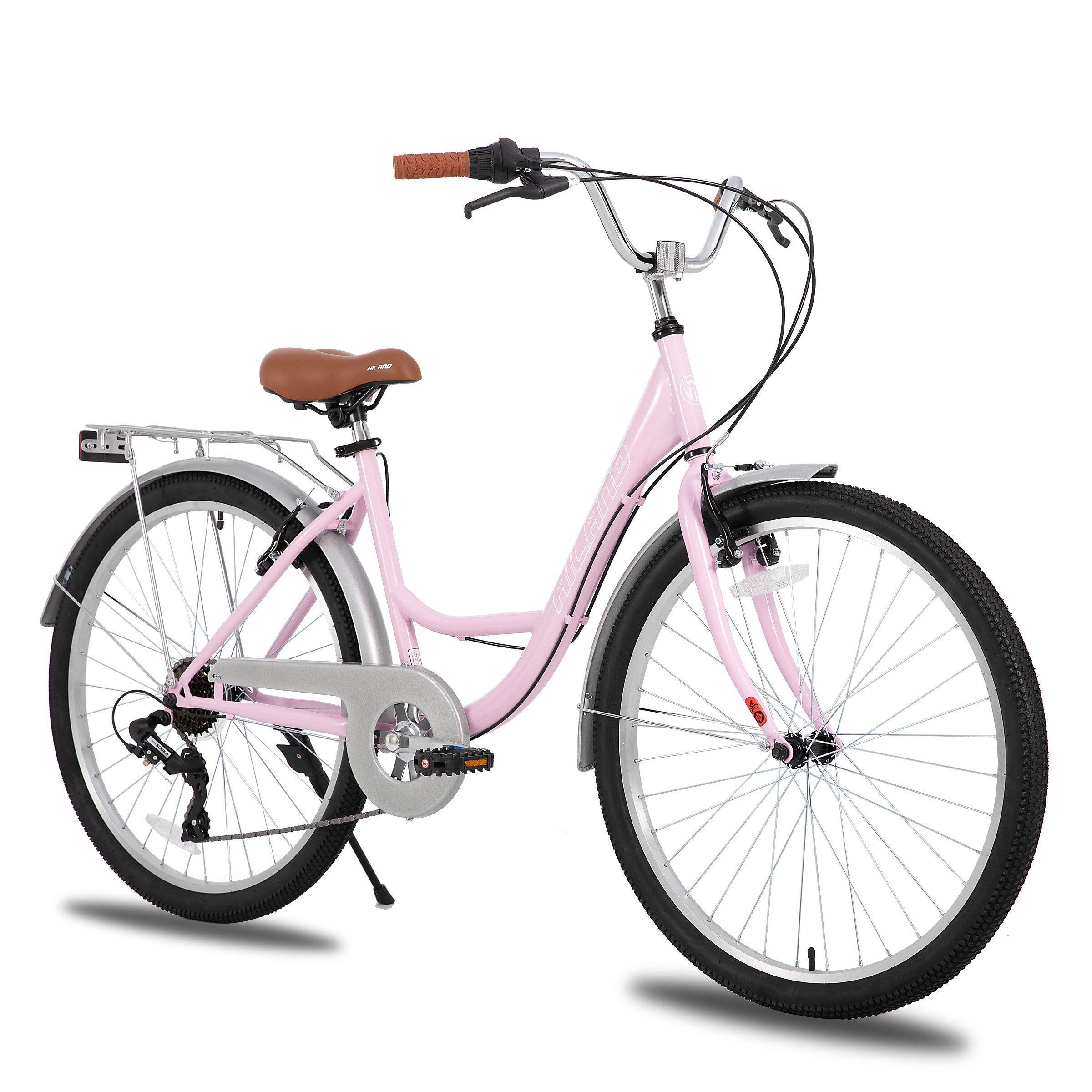 HILAND Cityrad 26 Zoll Pendlerfahrrad für Erwachsene, Herren und DamenHollandfahrrad, Step-Through Rahmen,mit Gepäckträger und Korb, Fender,7 Gang-Schaltung