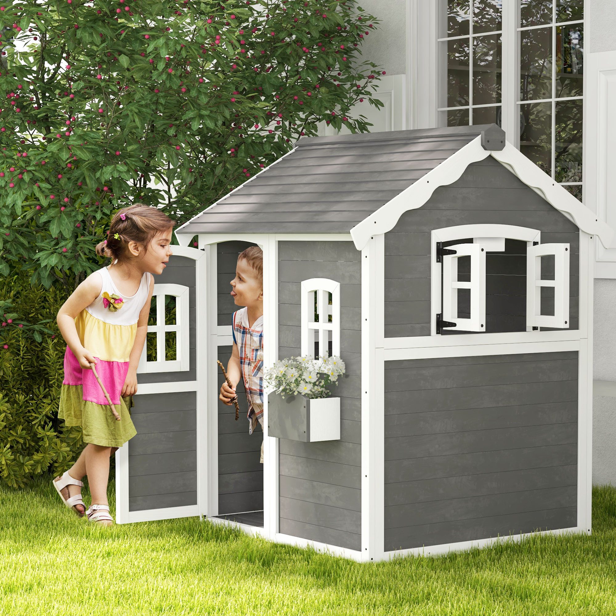 Outsunny Spielhaus Kinderspielhaus aus Holz Outdoor mit Tür, Fenster und Pflanzkasten, Kinderhaus für Kinder 3-8 Jahre