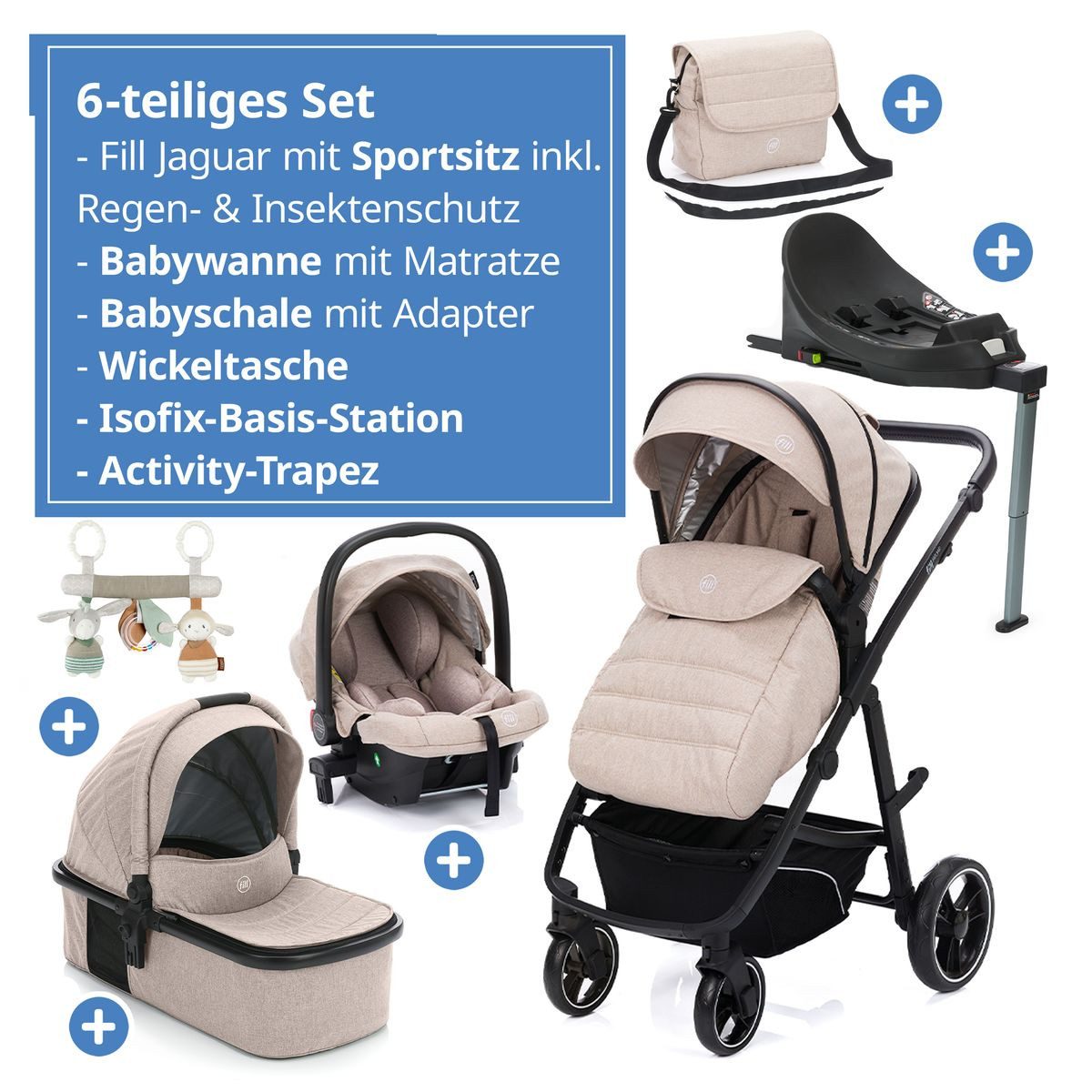 Fillikid Kombi-Kinderwagen Fill Jaguar - Sand, 3in1 Kinderwagen mit Babyschale, Babywanne, Sportsitz & Isofix-Basis
