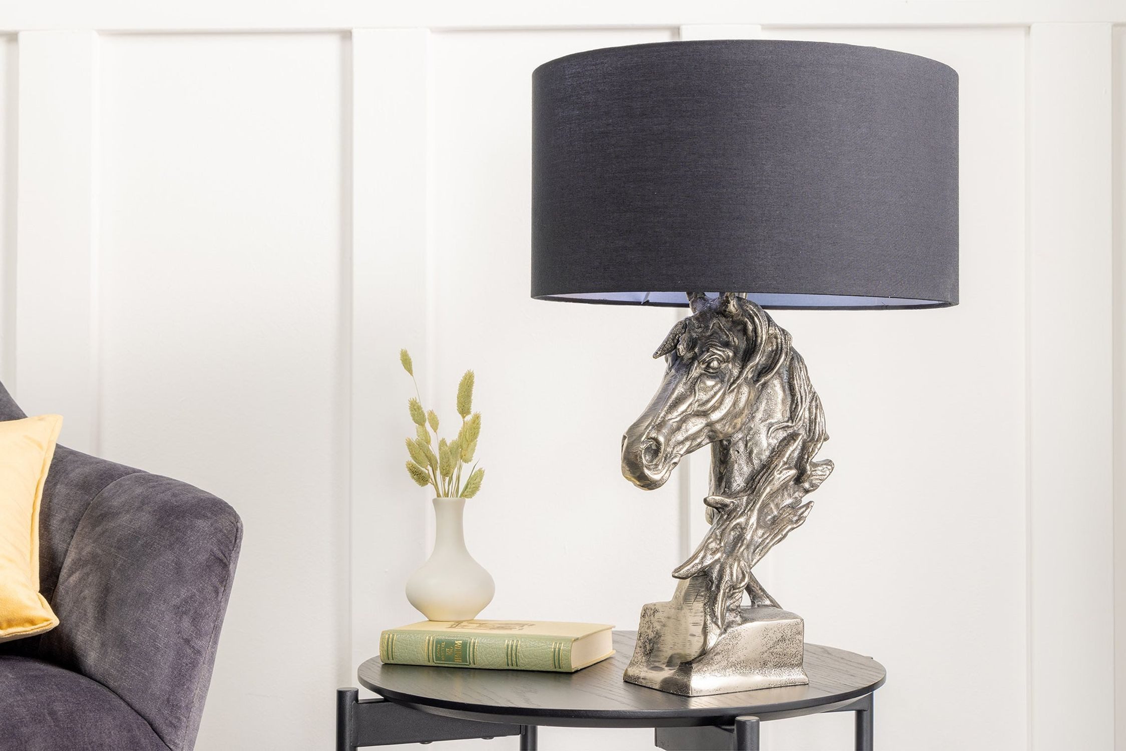 Licht-Erlebnisse Nachttischlampe MANILA, ohne Leuchtmittel, Metall Stoff 54 cm hoch Pferdebüste in Silber Schwarz E27 Handarbeit