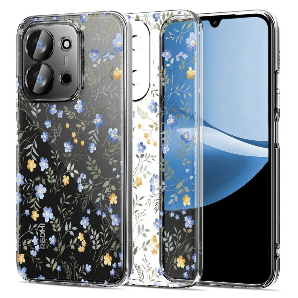 TECH PROTECT Handyhülle FlexAir kompatibel mit Xiaomi Redmi 15C Gänseblümchen weiß transparent 173 mm, Transparente TPU-Hülle mit Weiß-Blumen-Design