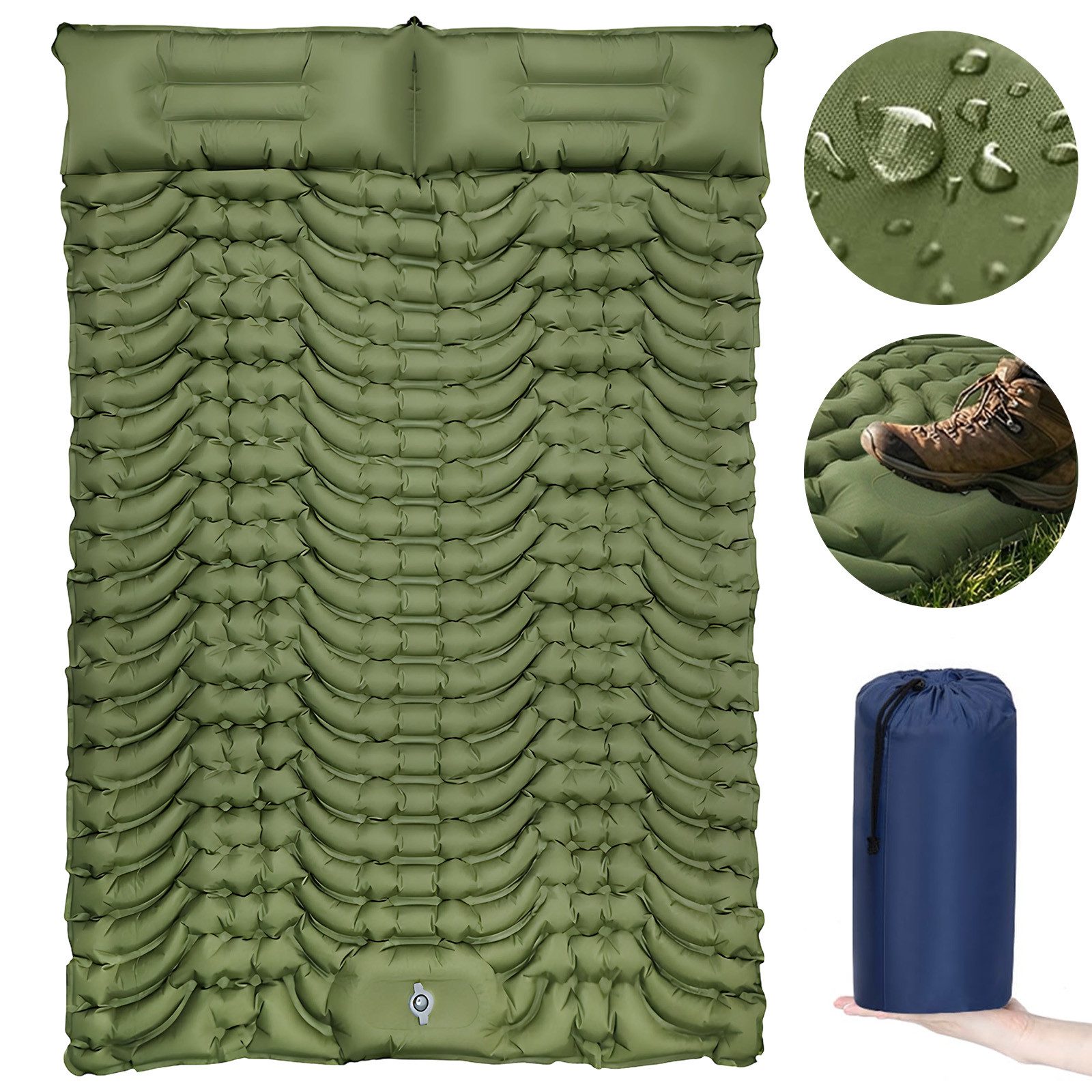 AKKEE Isomatte Doppel-Isomatte Outdoor, Campingmatratze, Isomatte Ultraleicht, Isomatte Camping Selbstaufblasend mit Fußpresse Pumpe und Kissen