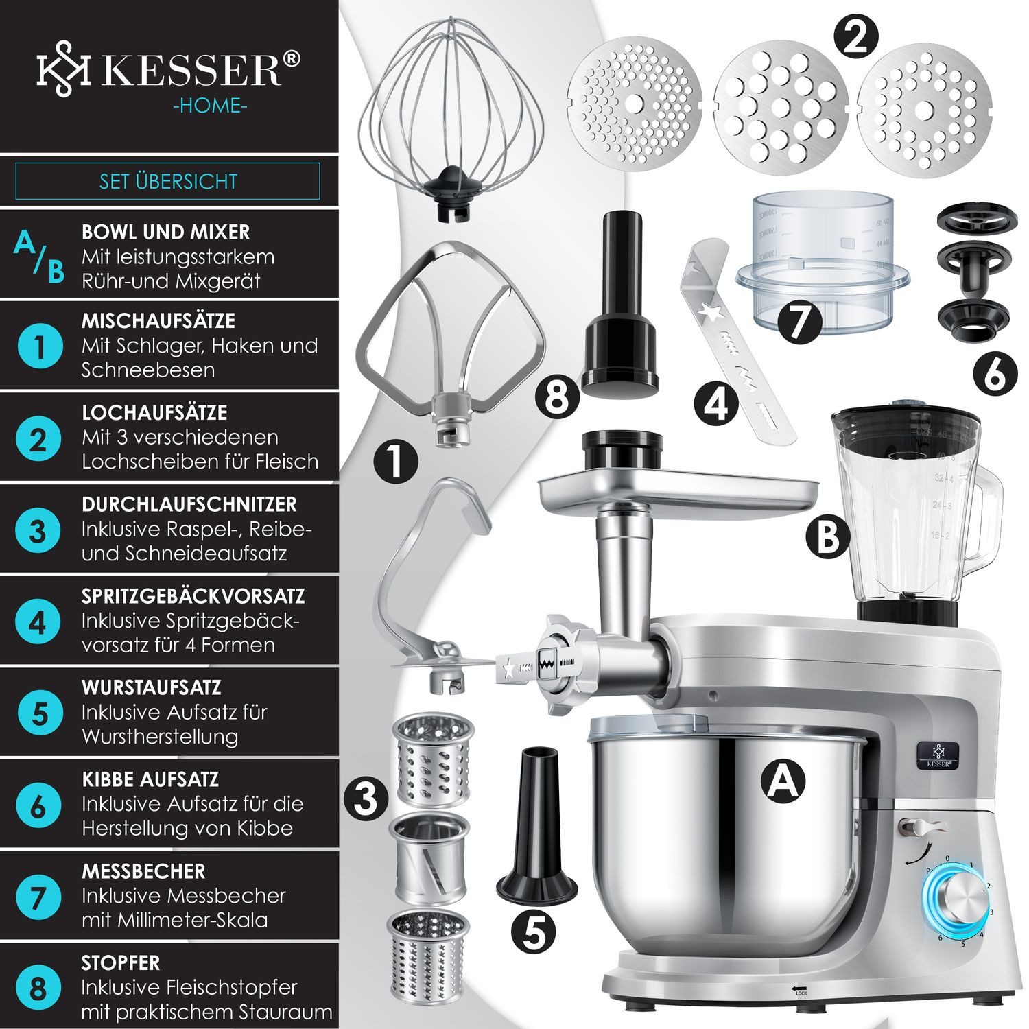 KESSER Küchenmaschine, Universal Küchenmaschine K-KM 3000 mit Fleischwolf Knetmaschine 5,5L