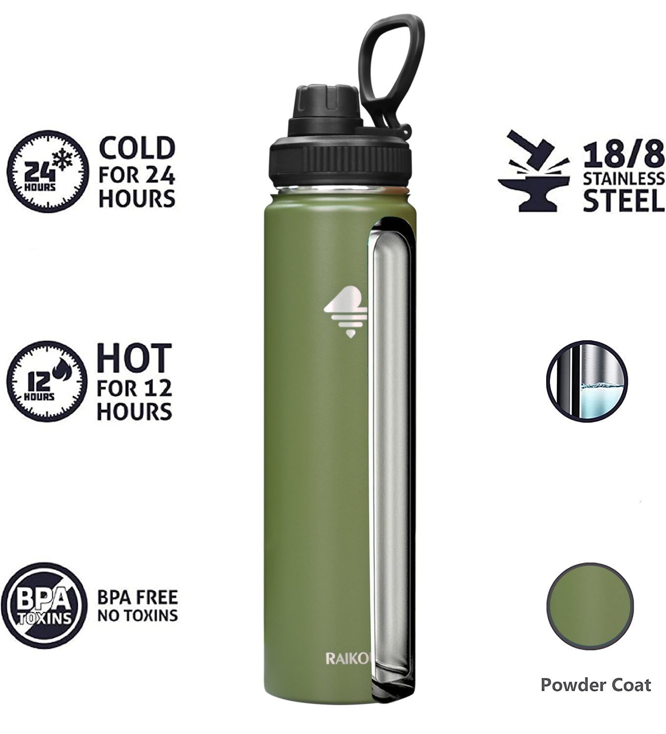 RAIKOU Isolierflasche Trinkflasche Vakuumisolierte Wasserflasche Auslaufsichere Sportflasche, mit 2 Deckel