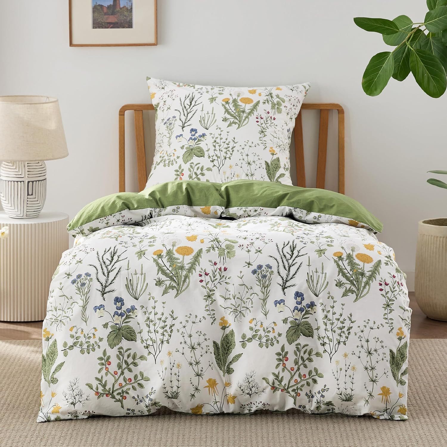 ibettertec Bettwäsche Bettwäsche Set Salbeigrün Blumen Bettwäsche Wendbar mit Reißverschluss, Bettwäsche Grün Blümchen Blumen und Kissenbezug 80 x 80 cm