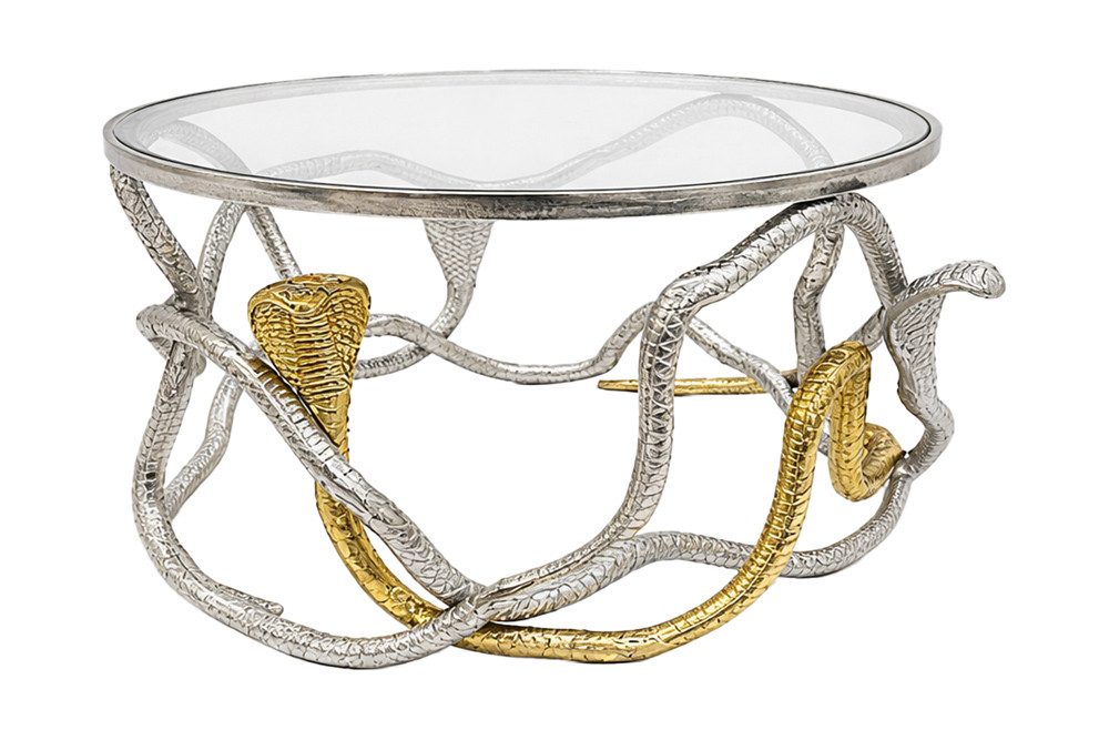 riess-ambiente Couchtisch SNAKE 70cm gold/silber - Metall, Glasplatte, Schlangen, Cobras, rund (Einzelartikel, 1-St), Ausgefallener Beistelltisch - ideal für moderne & stylische Wohnräume