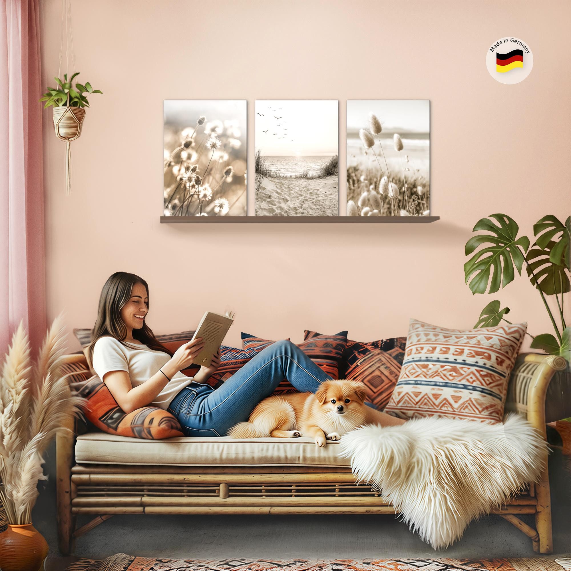 Novart Wandbild Bilder Boho Pampasgras AUFHÄNGFERTIG für Schlafzimmer Flur Deko Beige, 40 x 60 cm - 3 Bilder