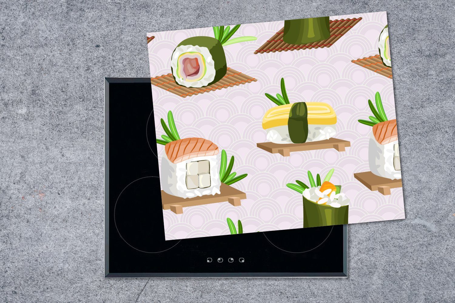 MuchoWow Herdblende-/Abdeckplatte Muster - nutzbar, Sushi Lebensmittel Vinyl, Ceranfeldabdeckung (1 60x52 Japan, - tlg), - Mobile cm, Arbeitsfläche
