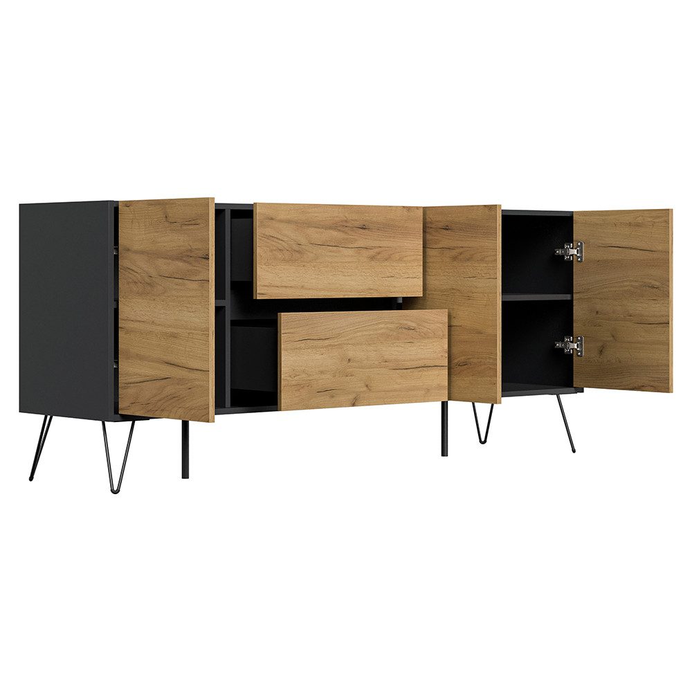 Lomadox Sideboard INDIANAPOLIS-02, 177cm breit, graphit mit Eiche, grifflos