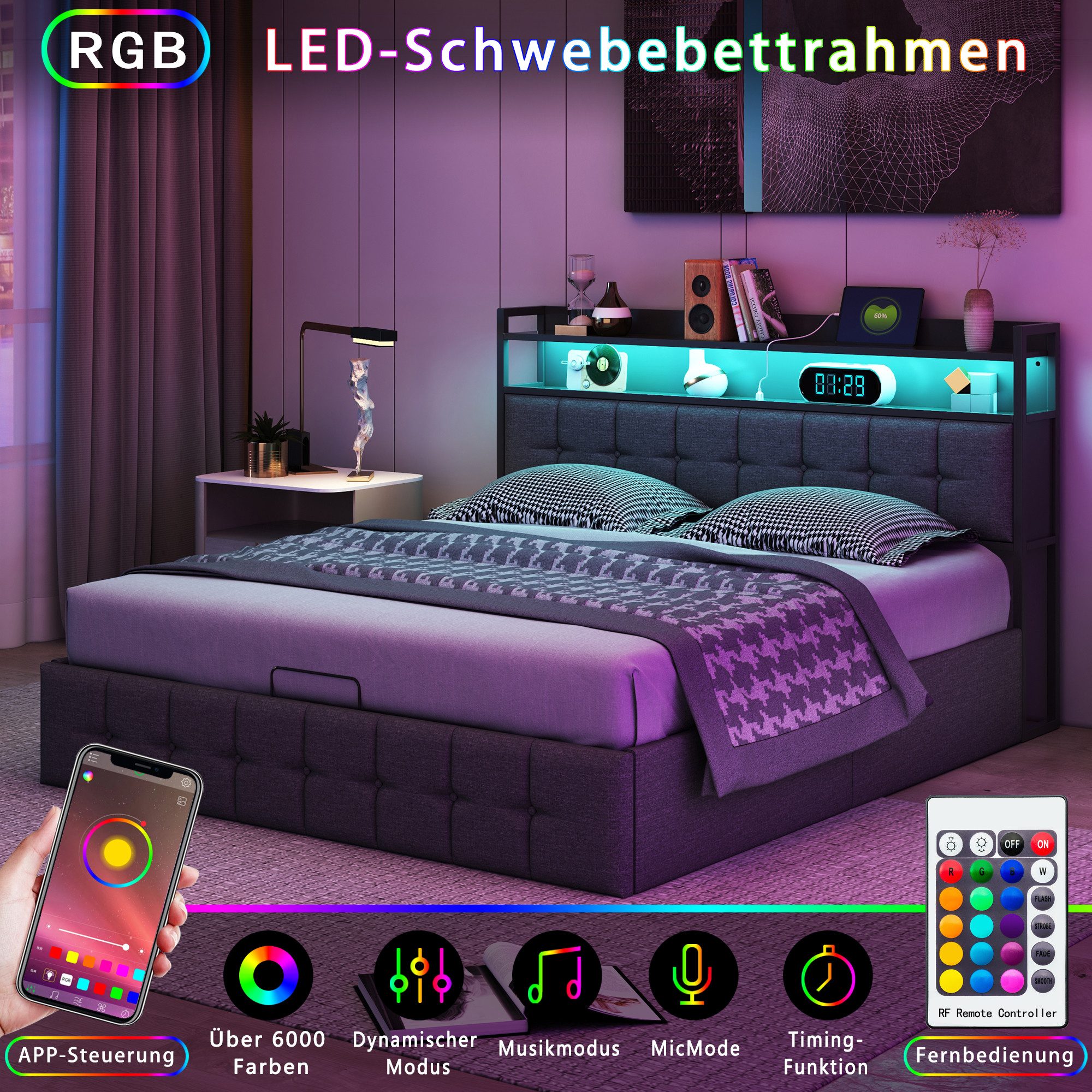 FUROKOY Polsterbett LED-Beleuchtung Hydraulisches Doppelbett (Set, günstig online kaufen