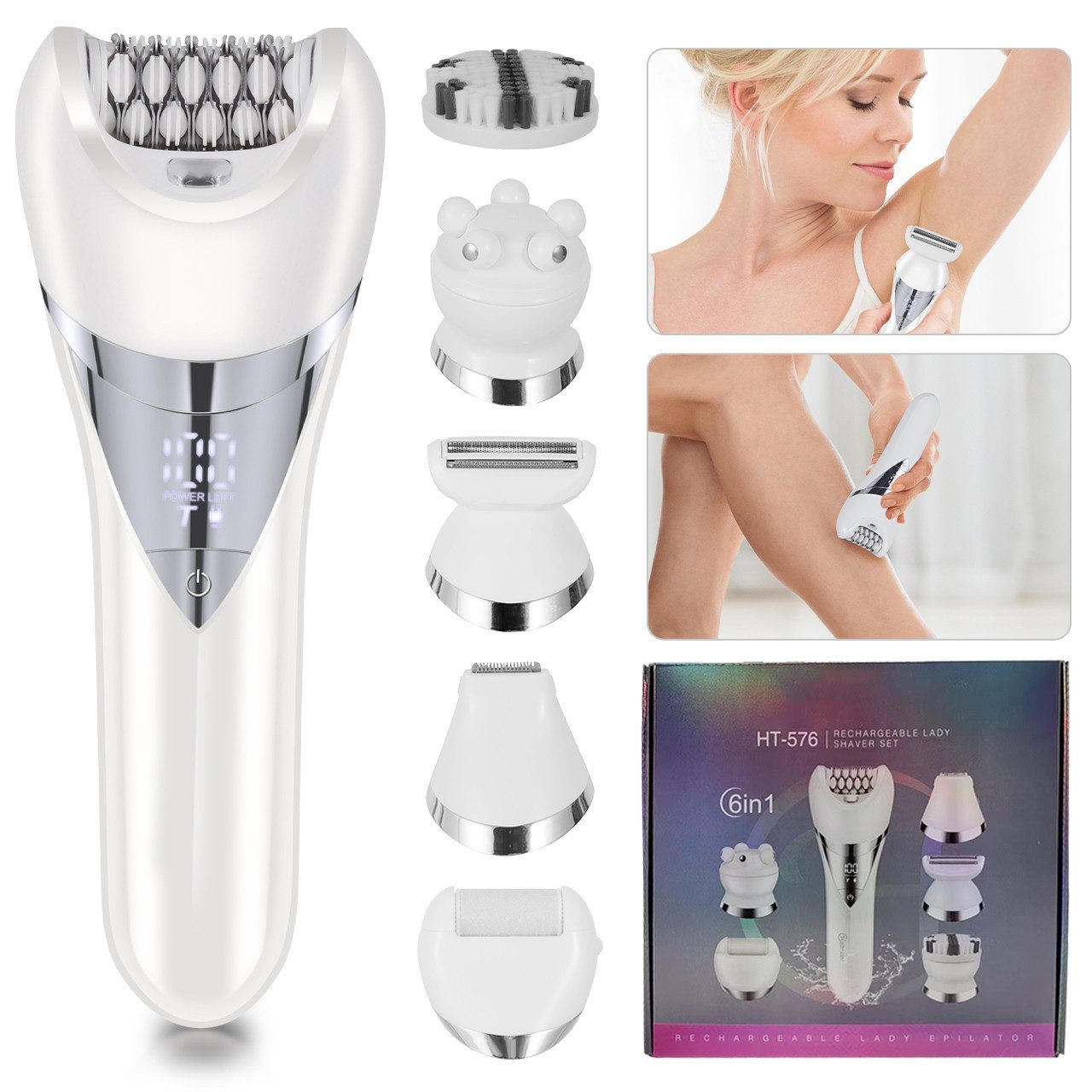 Tekoo Körperrasierer Epilierer Damen 6in1 Set inkl. Gesichtsbürste, Massage & Rasierer, Set, 6-tlg., 150 Min. Laufzeit, Gesichtsbürste, IPX6 Wasserdicht