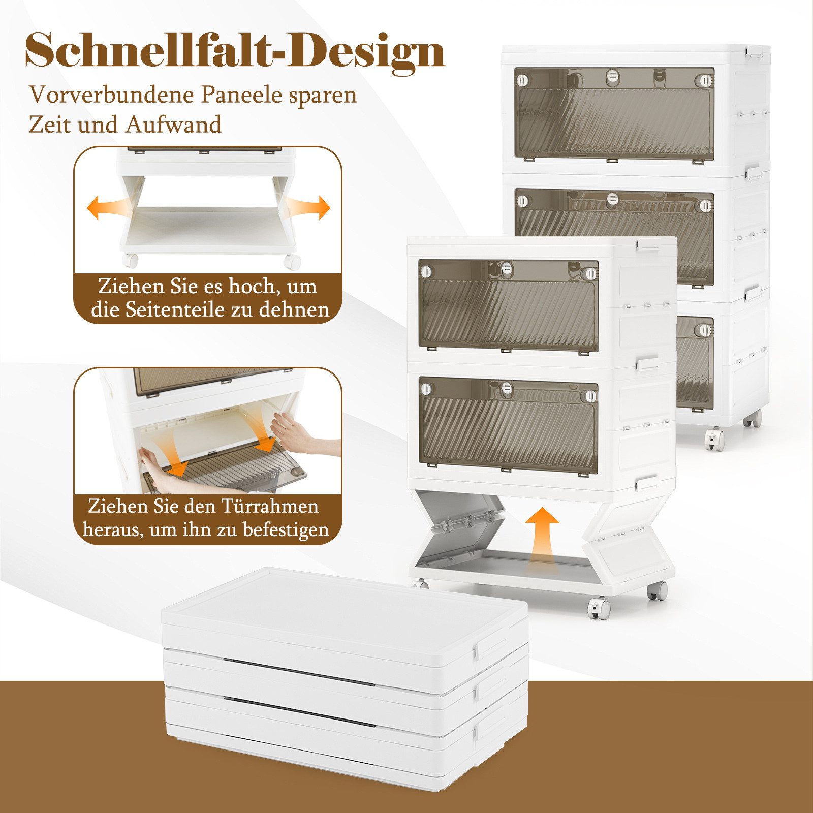 COSTWAY Aufbewahrungsbox, mit Deckel, 3er Set Stapelboxen faltbar, auf Rollen