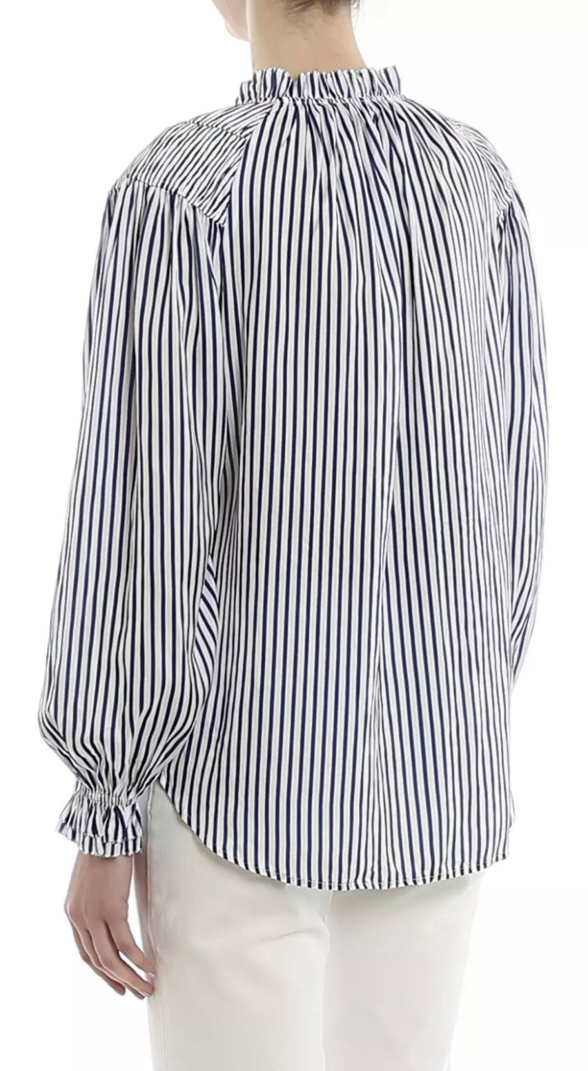 Polo Ralph Lauren Rüschenbluse Damen Caddy Stilvolle Bluse Hemd Shirt mit Streifenmuster Puffärmel, Glockenmanschetten,Tropfenöffnung mit Schleifenband