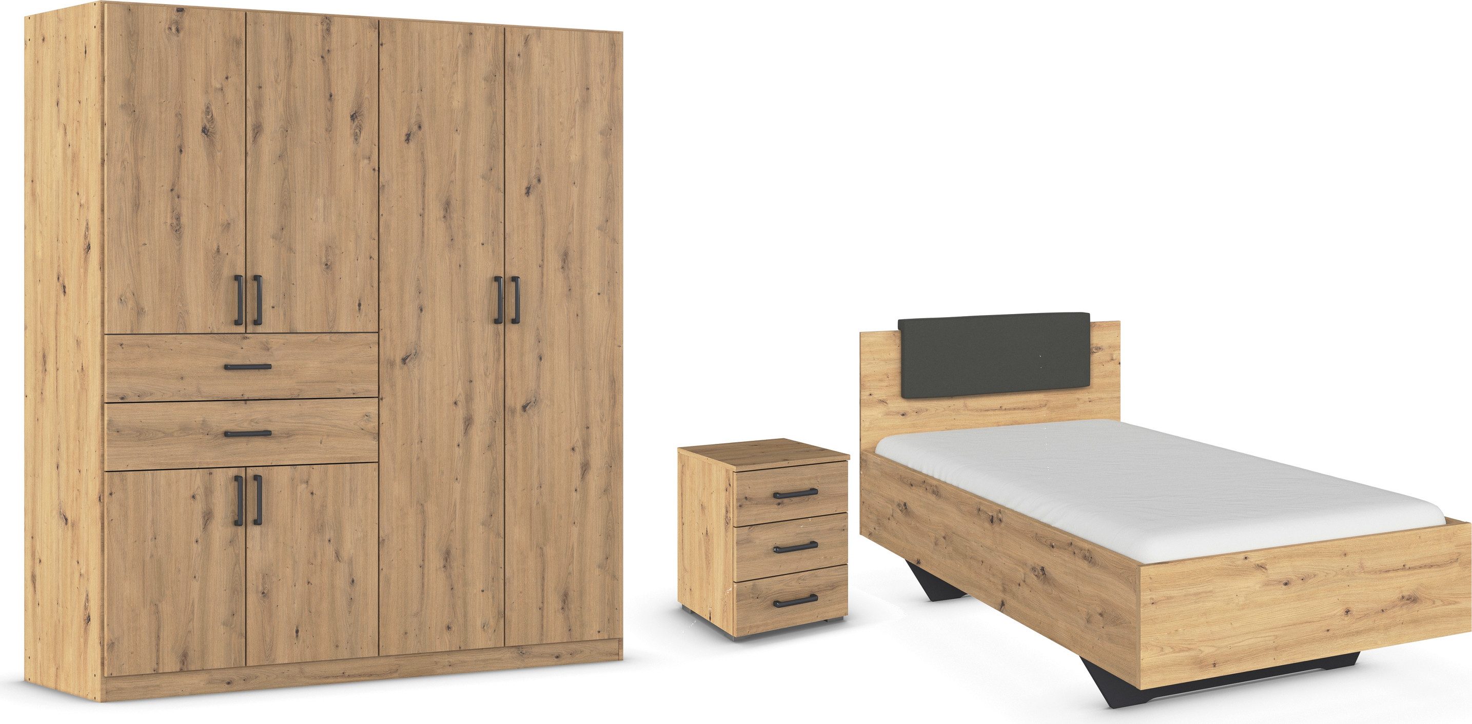 rauch Schlafzimmer-Set Komplettzimmer Komplettschlafzimmer Schlafzimmer-Set (3-St) MAIKA, (Set, 3-tlg), Schrank 3 Breiten, 2 Höhen, Bett 100 cm, Nachttisch MADE IN GERMANY