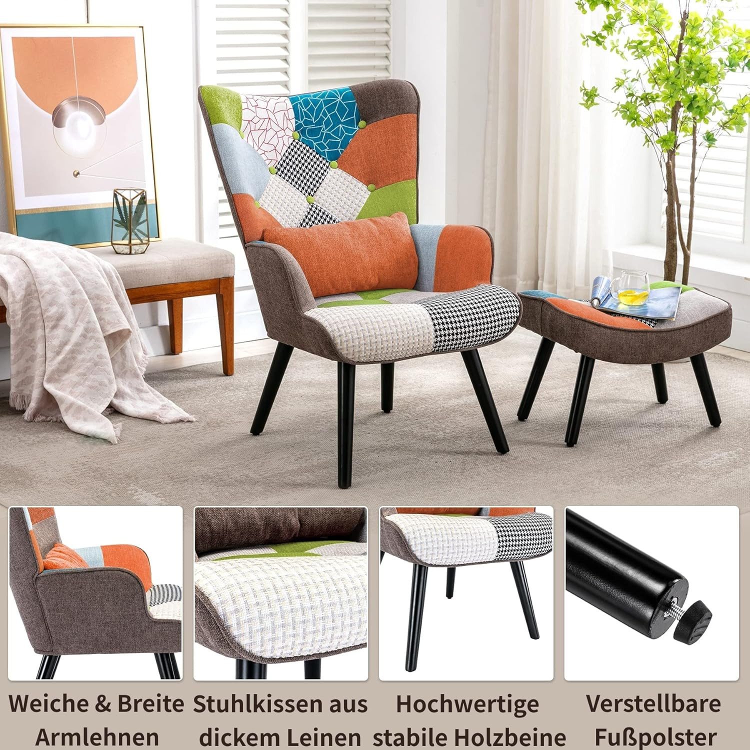 HomeMiYN Ohrensessel Relaxsessel mit Hocker für Leder & Stoff Lesesessel & Lehnstühle (Set, 1-St), Relaxsessel im Vintage-Look für gemütliche Herbst- und Winter – Bild 3 von 5