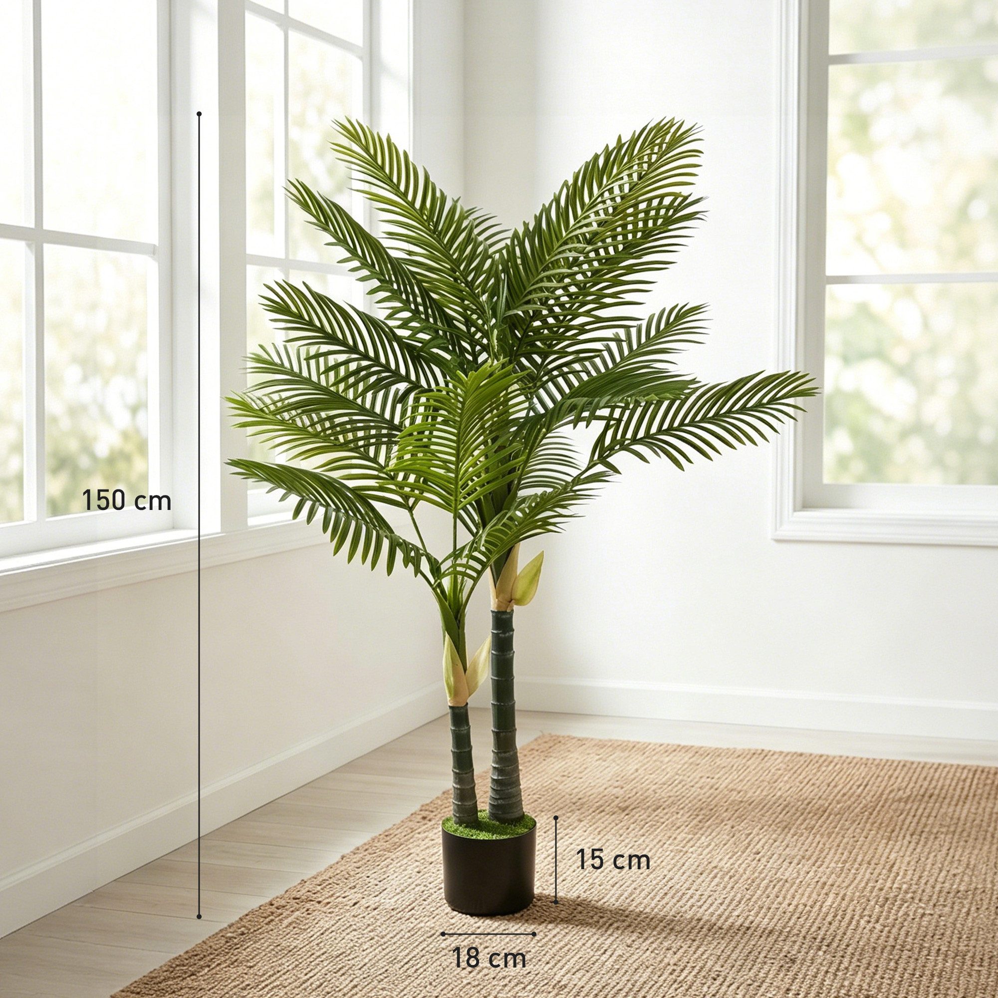 Kunstpflanze Künstliche Kunstpalme mit 16 Palmenwedel Groß im Topf Palme, HOMCOM, Höhe 150 cm, für Wohnzimmer Büro Balkon Dekoration Schlafzimmer – Bild 3 von 5