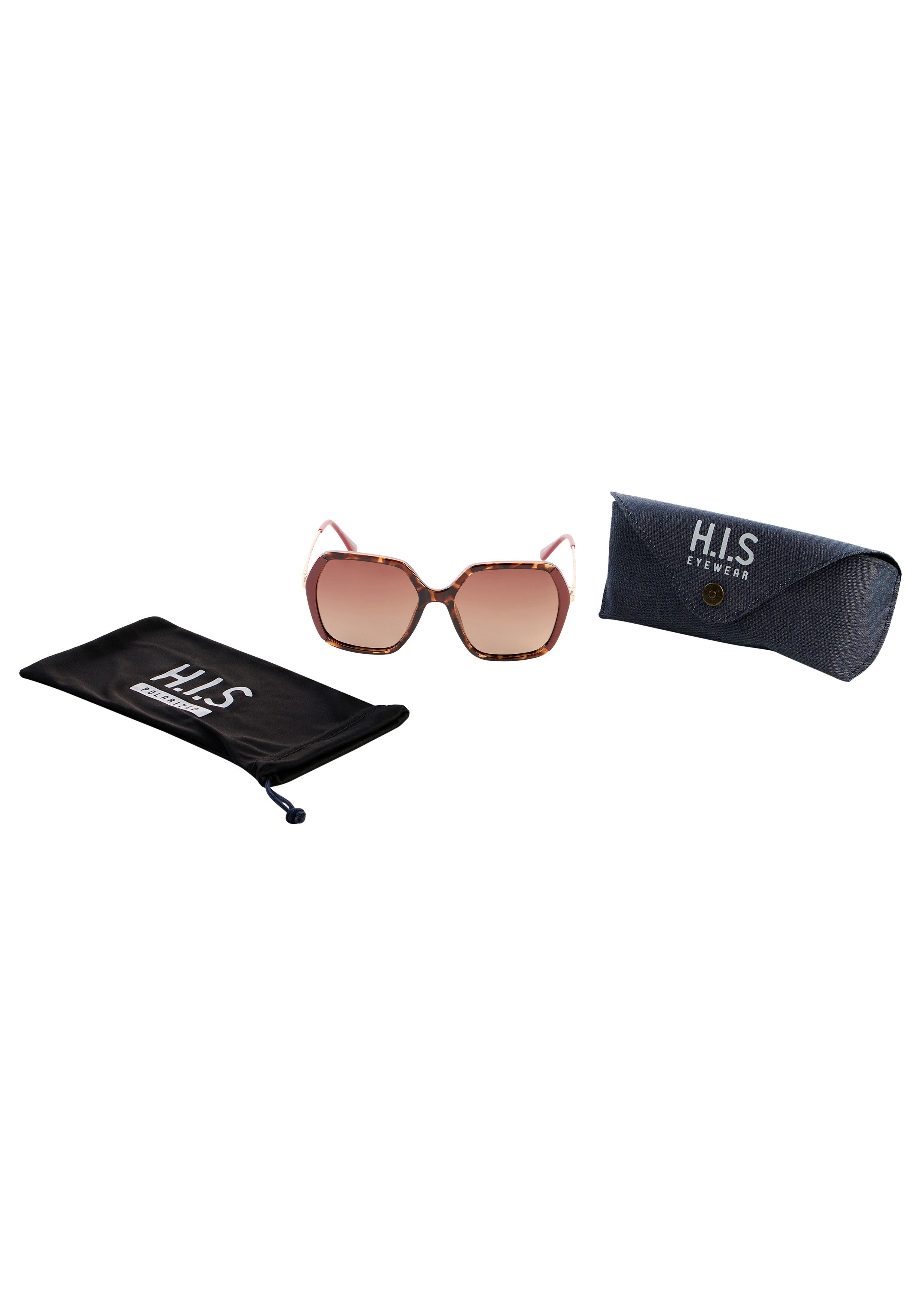 H.I.S Sonnenbrille (Set, 3-St., inklusive Softbeutel und Etui) Schmetterlingsform, braun gemustert, polarisierende Gläser. Reduzierter Preis € 57,99. Unverbindliche Preisempfehlung € 65,00, (€ 57,99 pro 1 Stk)