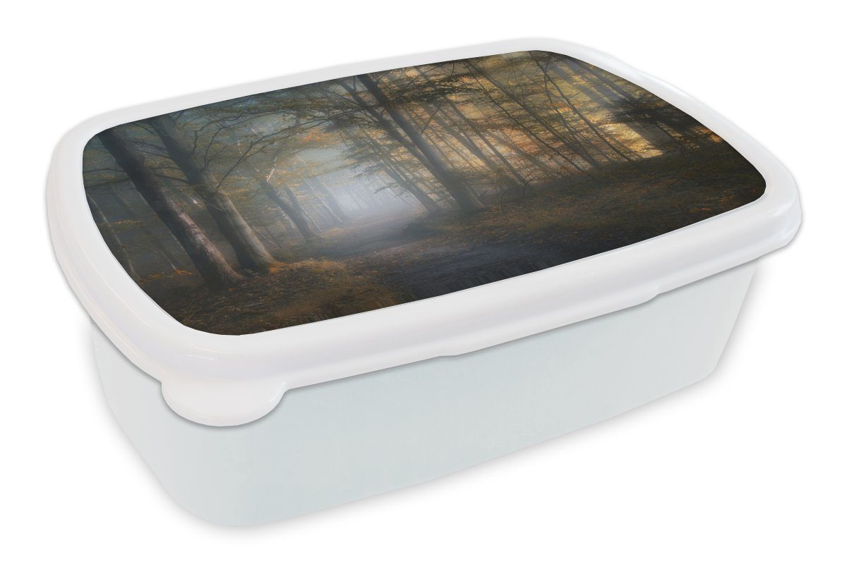 MuchoWow Lunchbox Wald - Nebel - Bäume - Waldweg - Natur - Pflanzen, Kunststoff, (2-tlg), Brotbox für Kinder und Erwachsene, Brotdose, für Jungs und Mädchen weiß