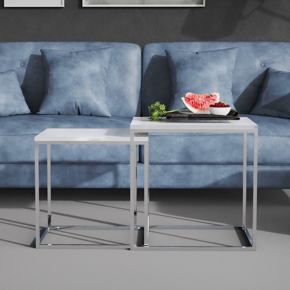 LebensWohnArt Beistelltisch 2er Set Design Beistelltisch MENTO weiss hochglanz 50cm Edelstahl