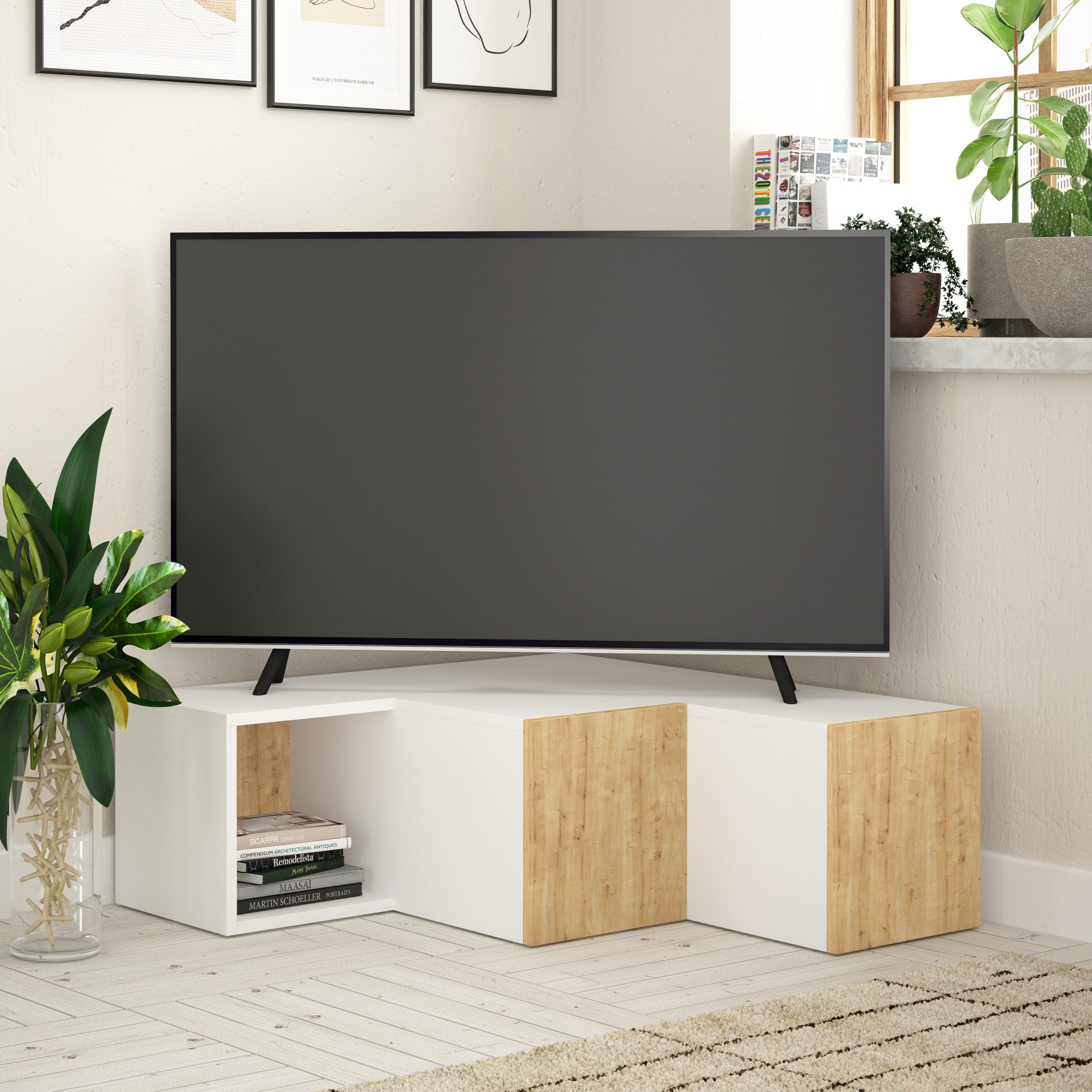 Decortie Schreibtisch Compact, Moderner TV-Ständer TV-Element Mit Wandregal, 90,6 x 94,2 x 31,4 cm