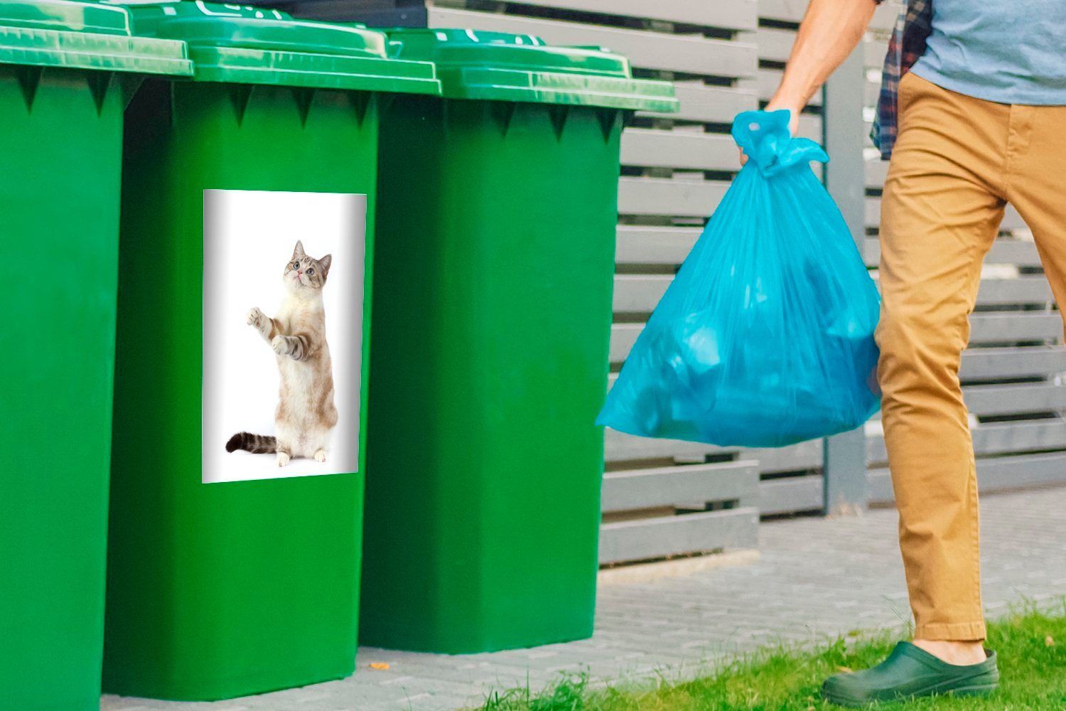 MuchoWow auf Wandsticker Container, Mülltonne, Sticker, Katze St), Hinterbeinen den (1 Mülleimer-aufkleber, Abfalbehälter stehend