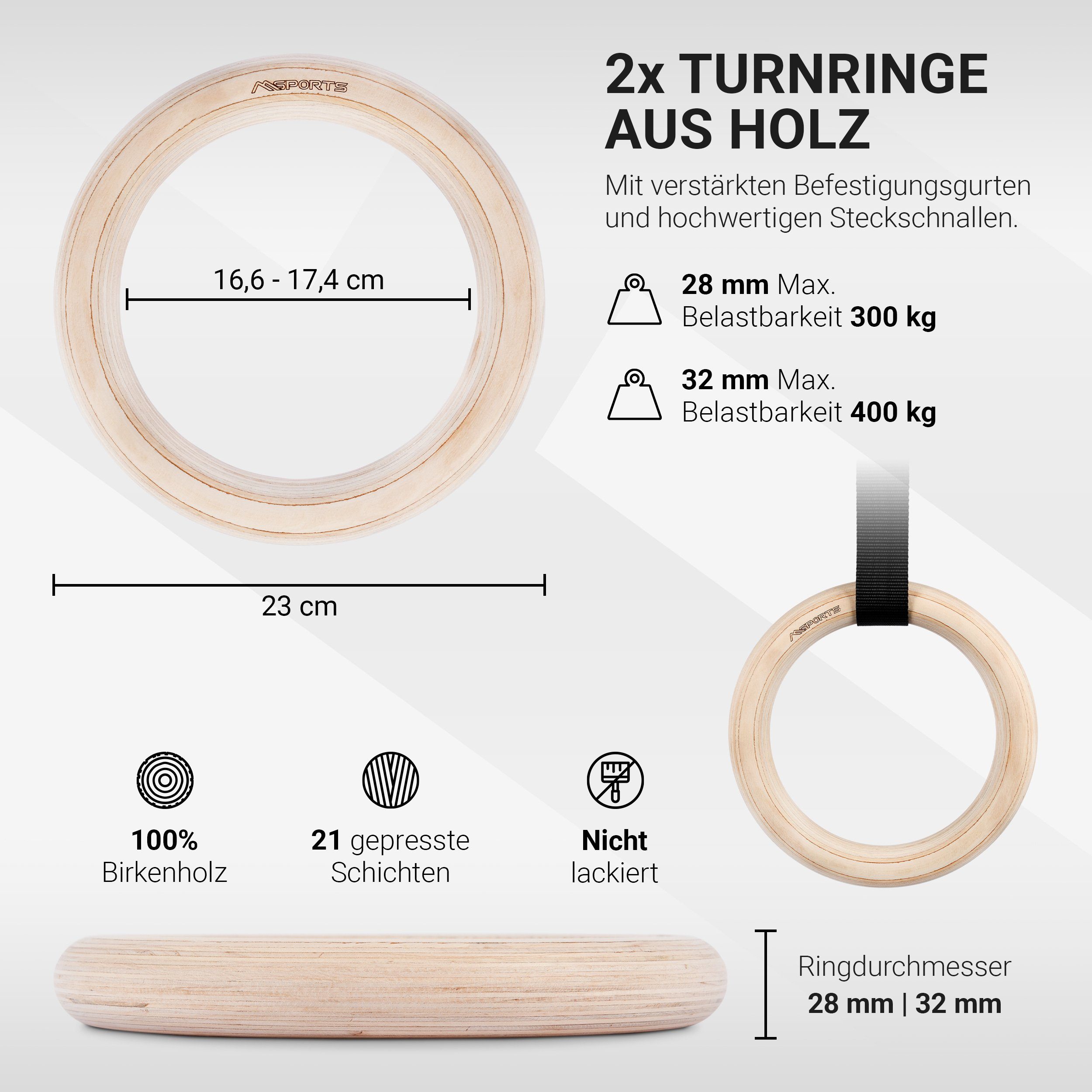 Gymnastikringe Turnringe 32mm Trainingsring Holz Turnring Turnen Premium oder Ringe 28mm MSports® 28mm