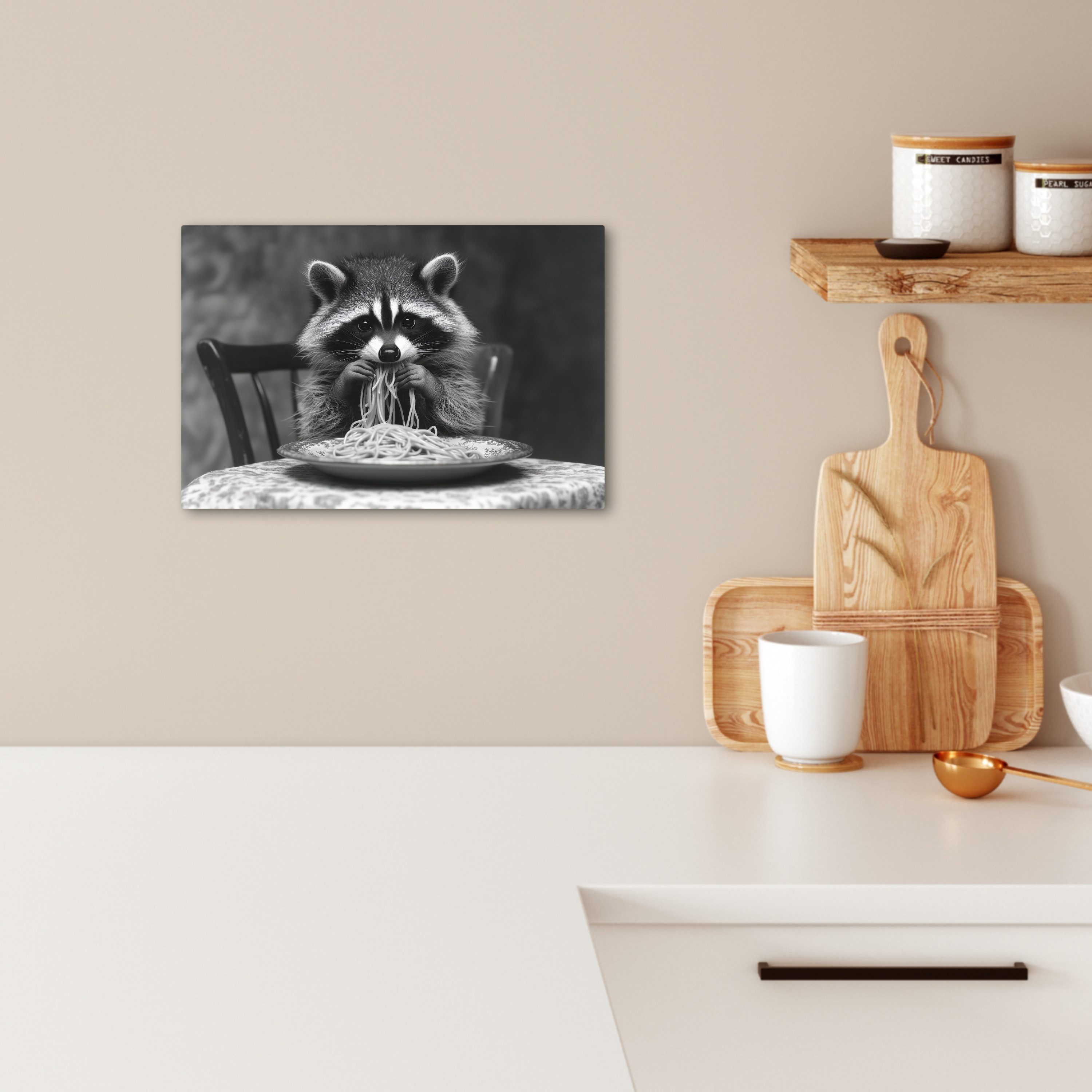 OneMillionCanvasses® Leinwandbild Waschbär - Niedlich - Pasta - Tischtuch - günstig online kaufen