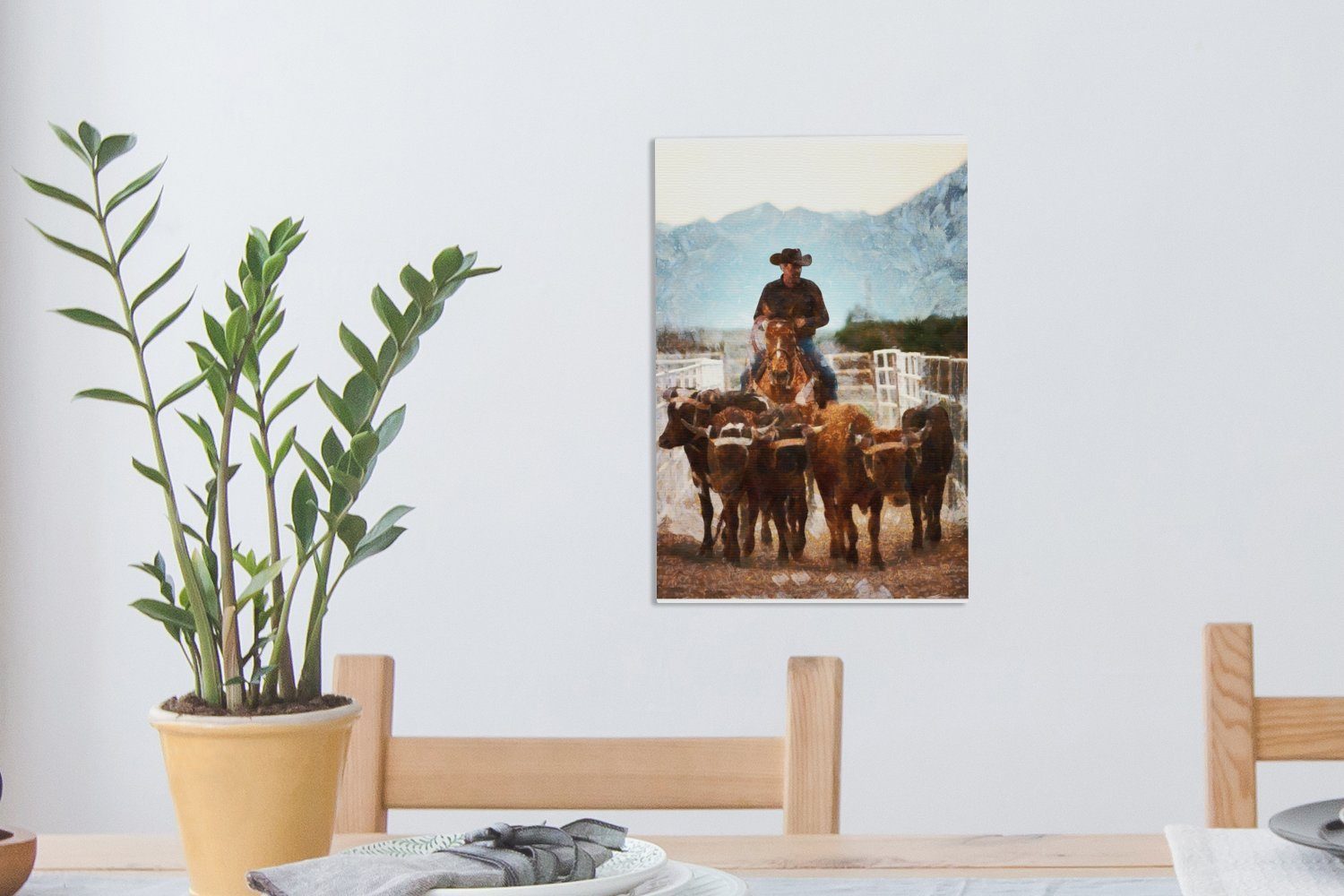 OneMillionCanvasses® Leinwandbild - cm - Cowboy fertig (1 Gemälde, 20x30 Amerika, Kühe inkl. Zackenaufhänger, St), Leinwandbild bespannt