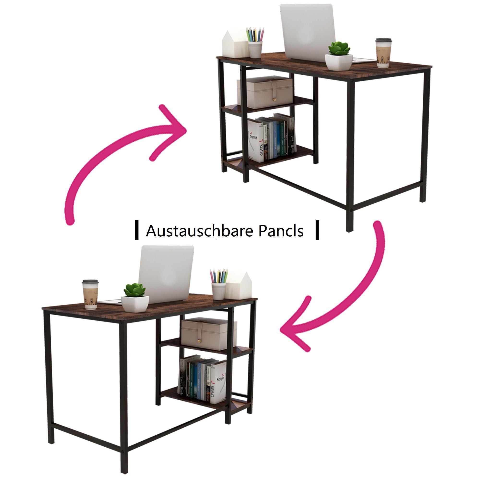 Tisch) mit Computertisch 2 JOIVI Bürotisch Ablagen, viereckiger Schreibtisch Braun (1 Schreibtisch,