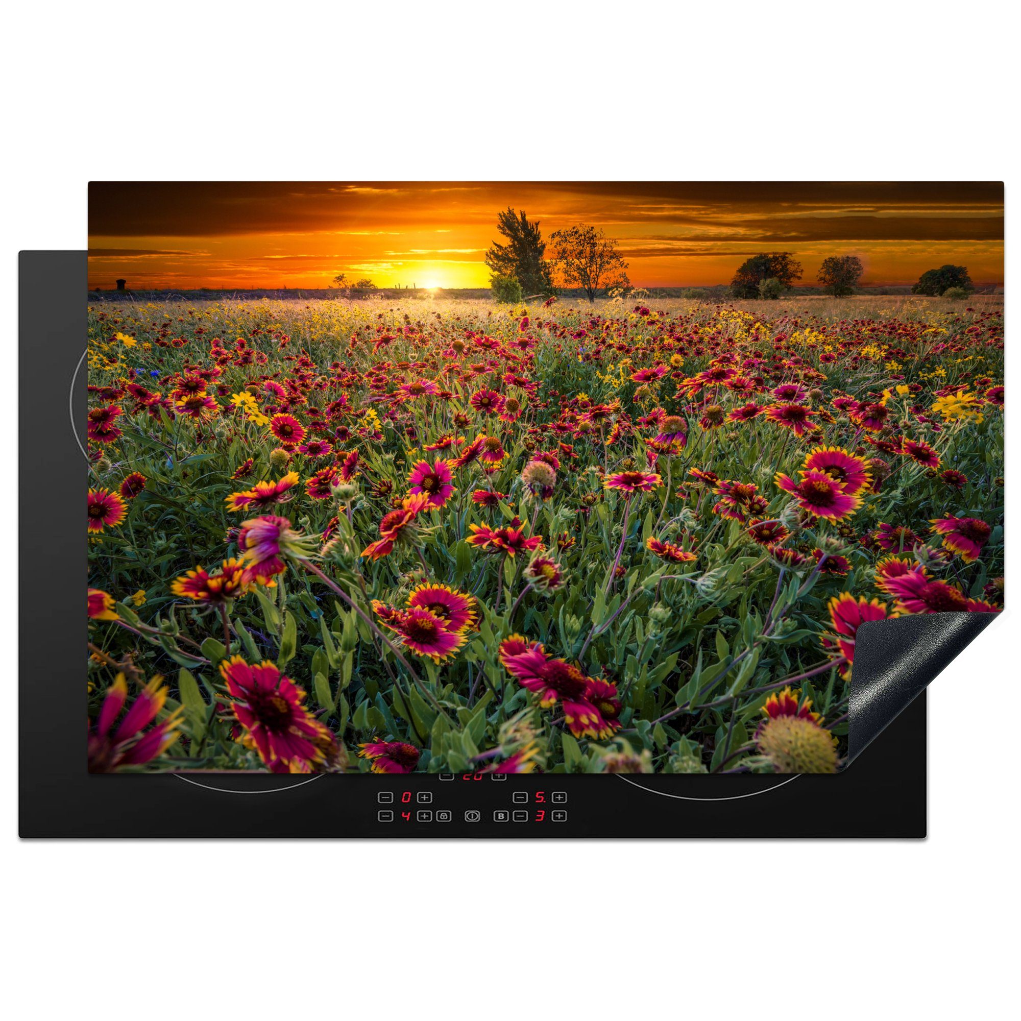 MuchoWow Herdblende-/Abdeckplatte Natur in Texas voller Sonnenblumen und einem Sonnenaufgang, Vinyl, (1 tlg), 81x52 cm, Induktionskochfeld Schutz für die küche, Ceranfeldabdeckung