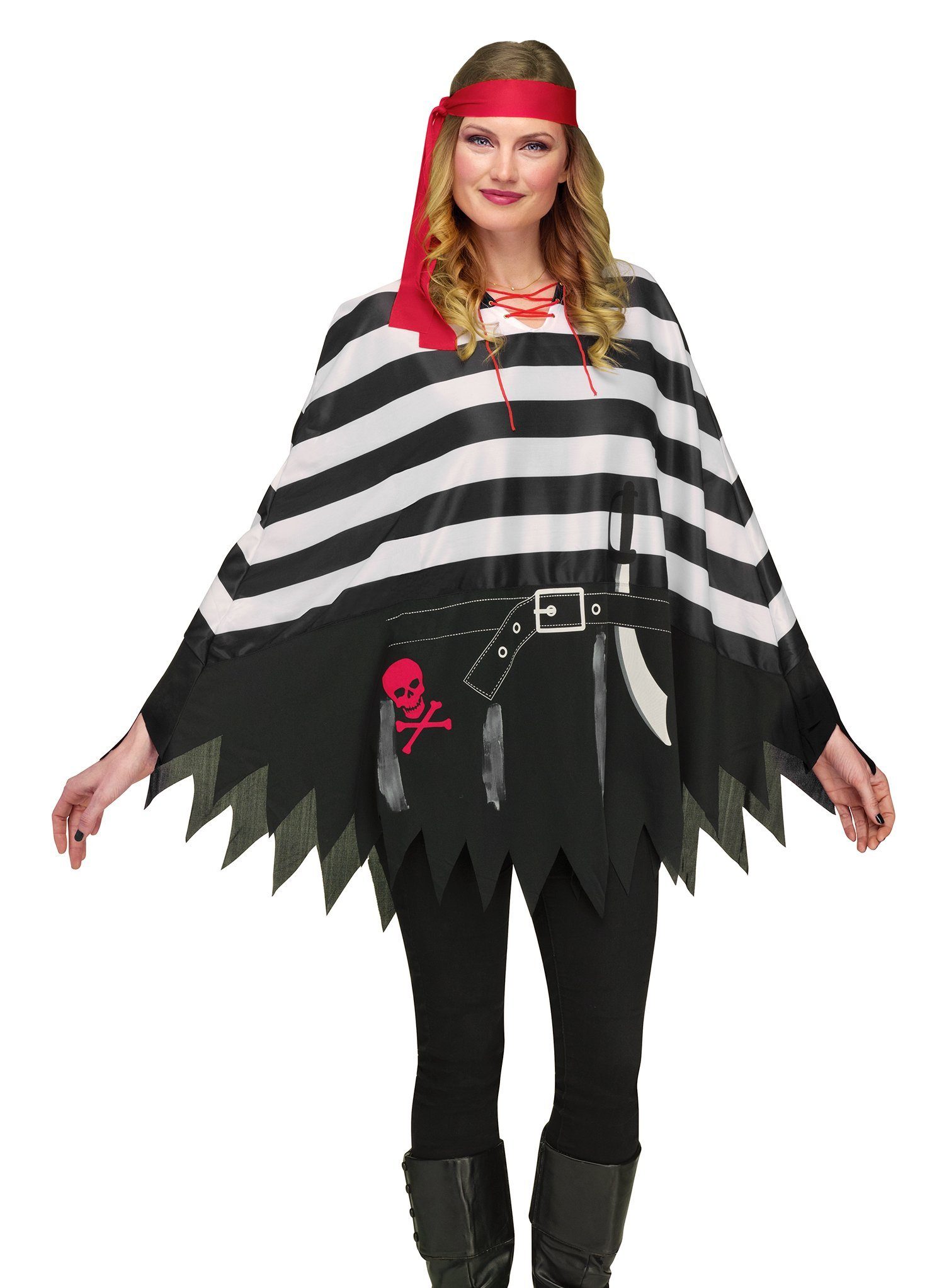 Fun World Piraten-Kostüm Piratin Poncho - Fasching Halloween Umhang Kostüm, Leichter Überwurf mit Piratenprint